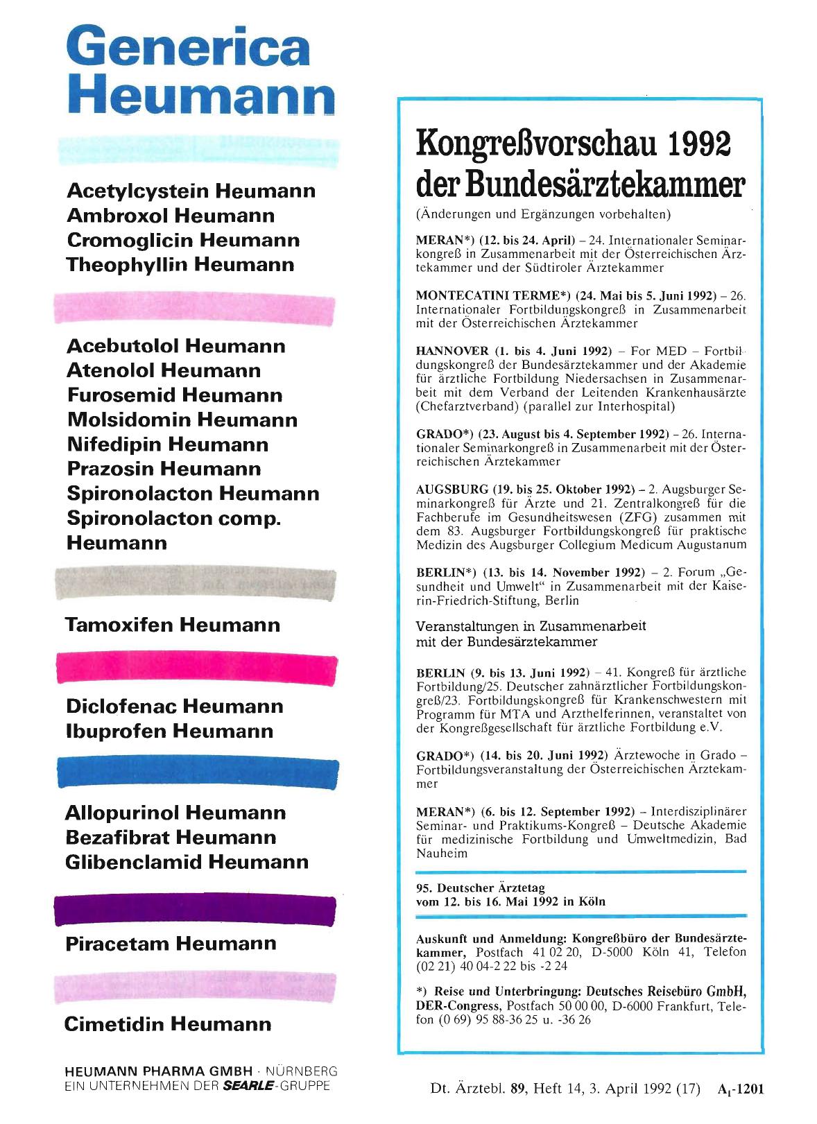 Vorschauseite 1: Kongreßvorschau 1992 der Bundesärztekammer