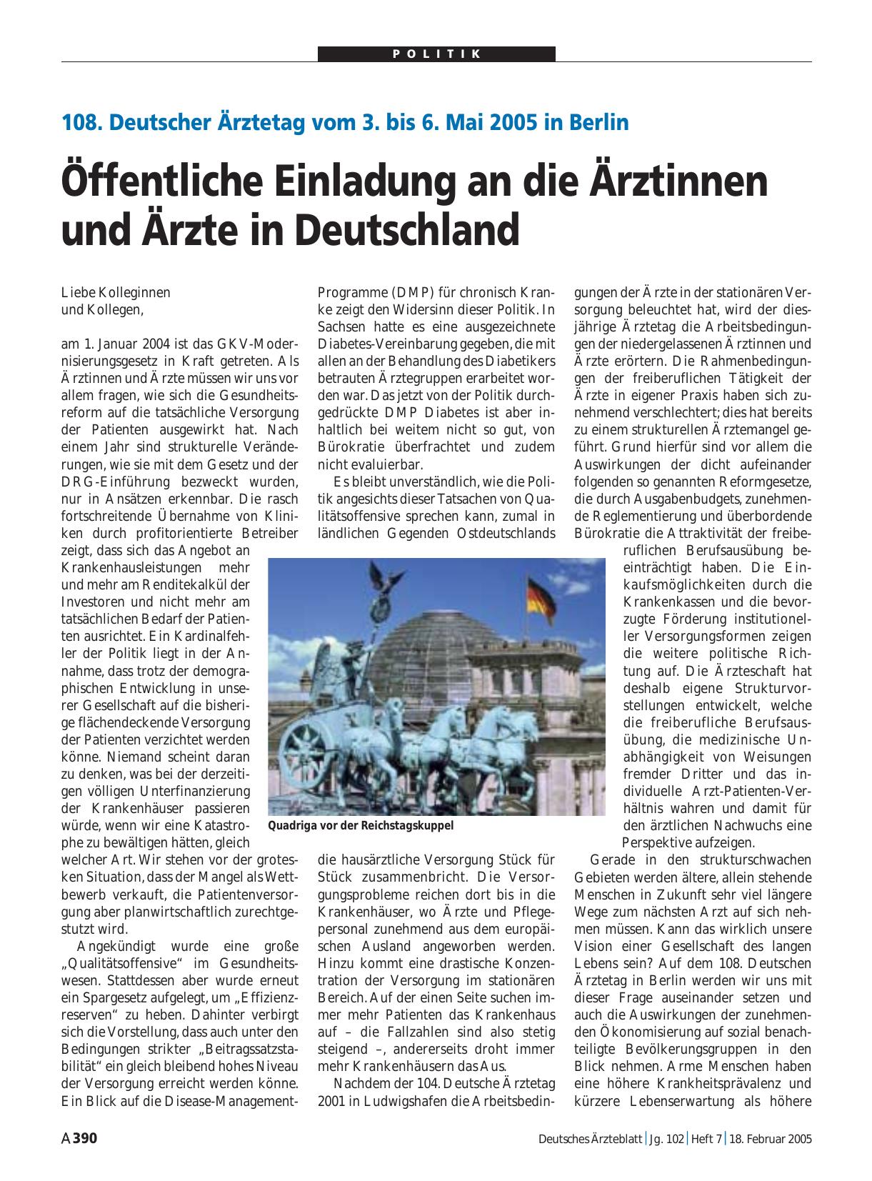 Vorschauseite 1: 108. Deutscher Ärztetag vom 3. bis 6. Mai 2005 in Berlin: Öffentliche Einladung an die Ärztinnen und Ärzte in Deutschland