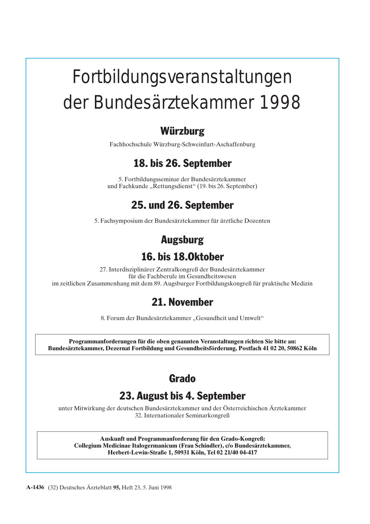 Vorschauseite 1: Fortbildungsveranstaltungen der Bundesärztekammer 1998