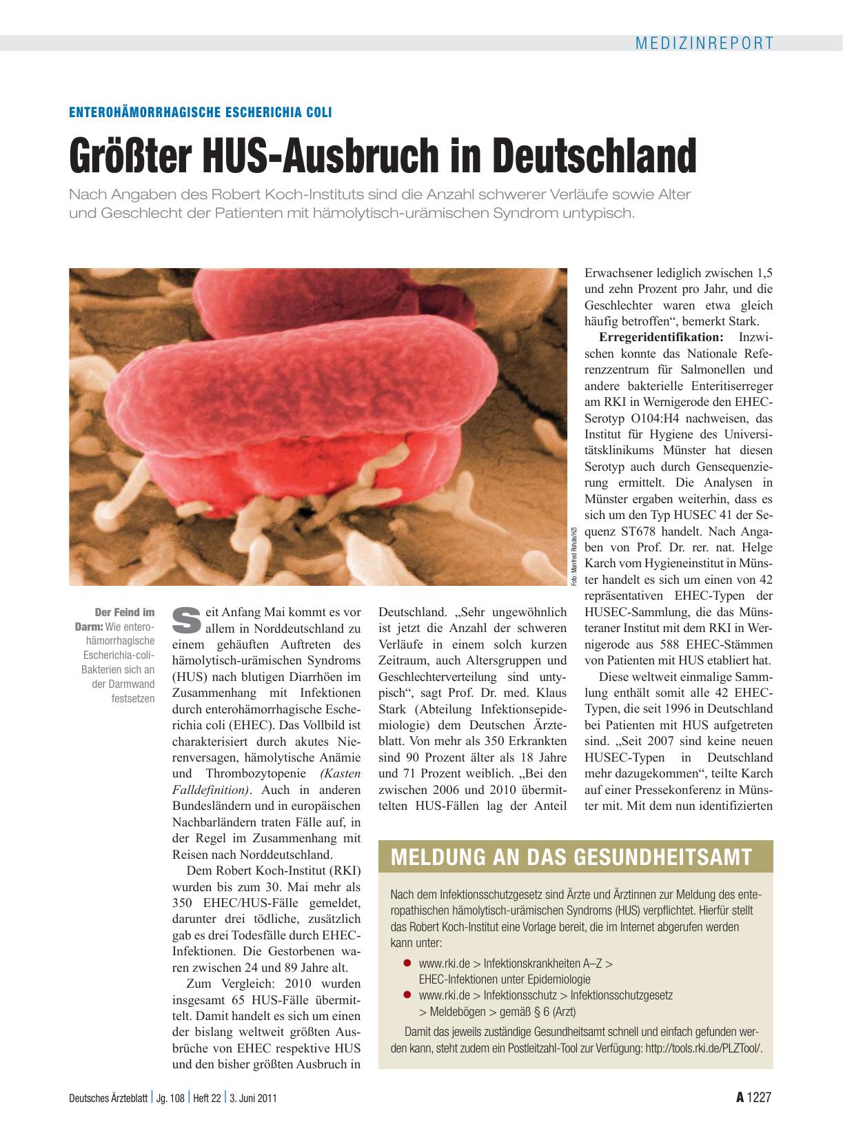 Vorschauseite 1: Enterohämorrhagische Escherichia colI: Größter HUS-Ausbruch in Deutschland