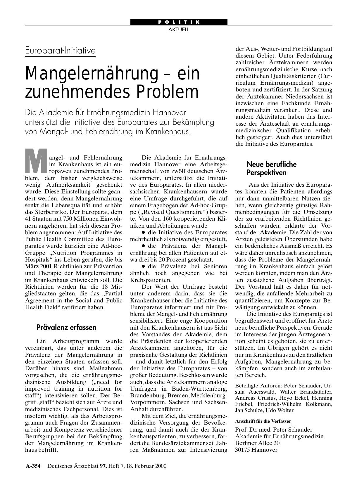 Vorschauseite 1: Europarat-Initiative: Mangelernährung - ein zunehmendes Problem