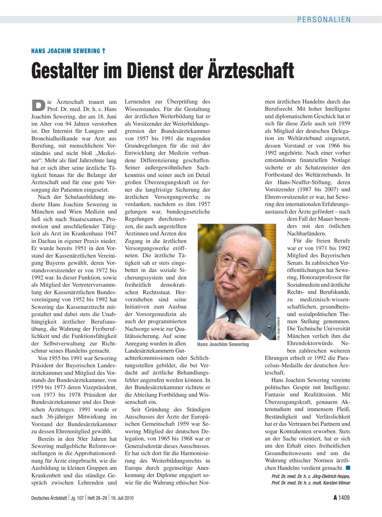 Vorschauseite 1: Hans Joachim Sewering †: Gestalter im Dienst der Ärzteschaft