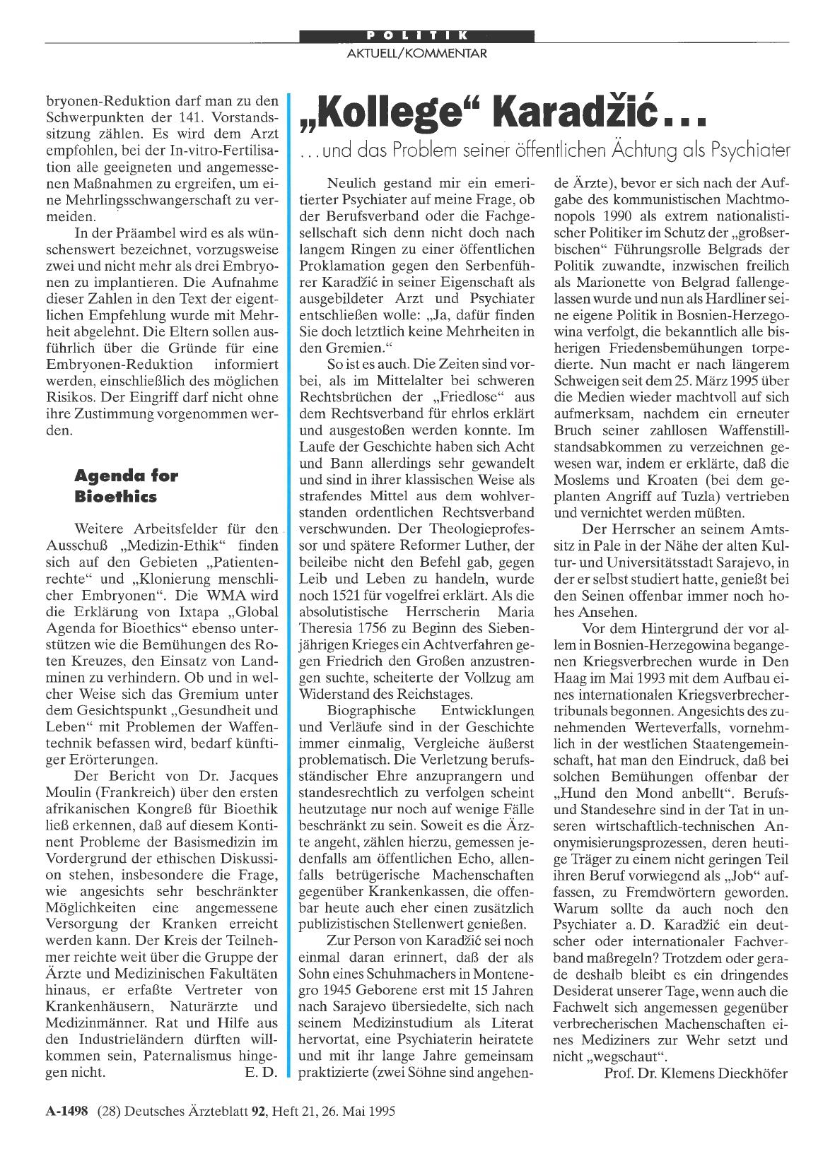Vorschauseite 1: „Kollege“ Karadzic. .. :. .. und das Problem seiner öffentlichen Ächtung als Psychiater