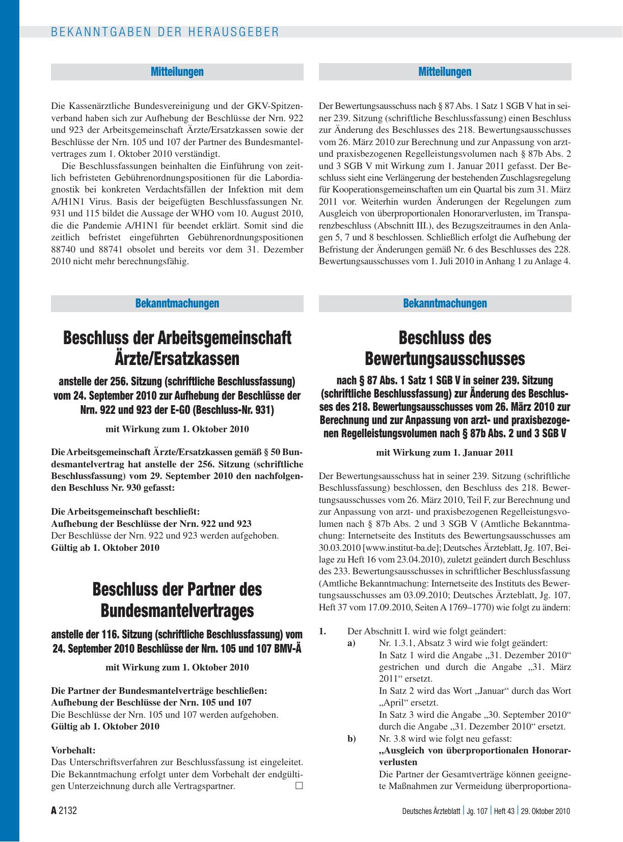 Vorschauseite 1: Beschluss des Bewertungsausschusses nach § 87 Abs. 1 Satz 1 SGB V in seiner 239. Sitzung (schriftliche Beschlussfassung) zur Änderung des Beschlusses des 218. Bewertungsausschusse…