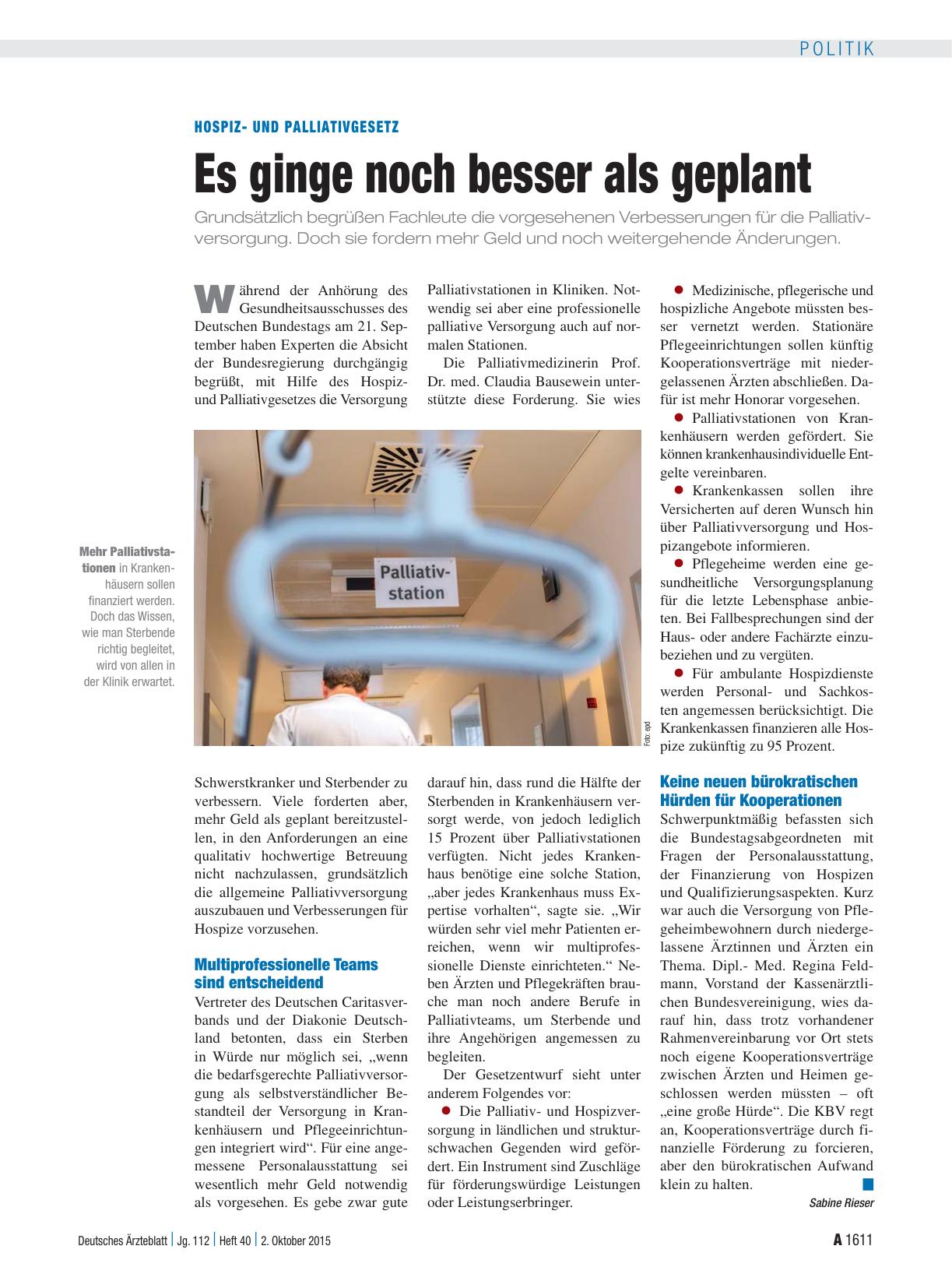 Vorschauseite 1: Hospizund Palliativgesetz: Es ginge noch besser als geplant