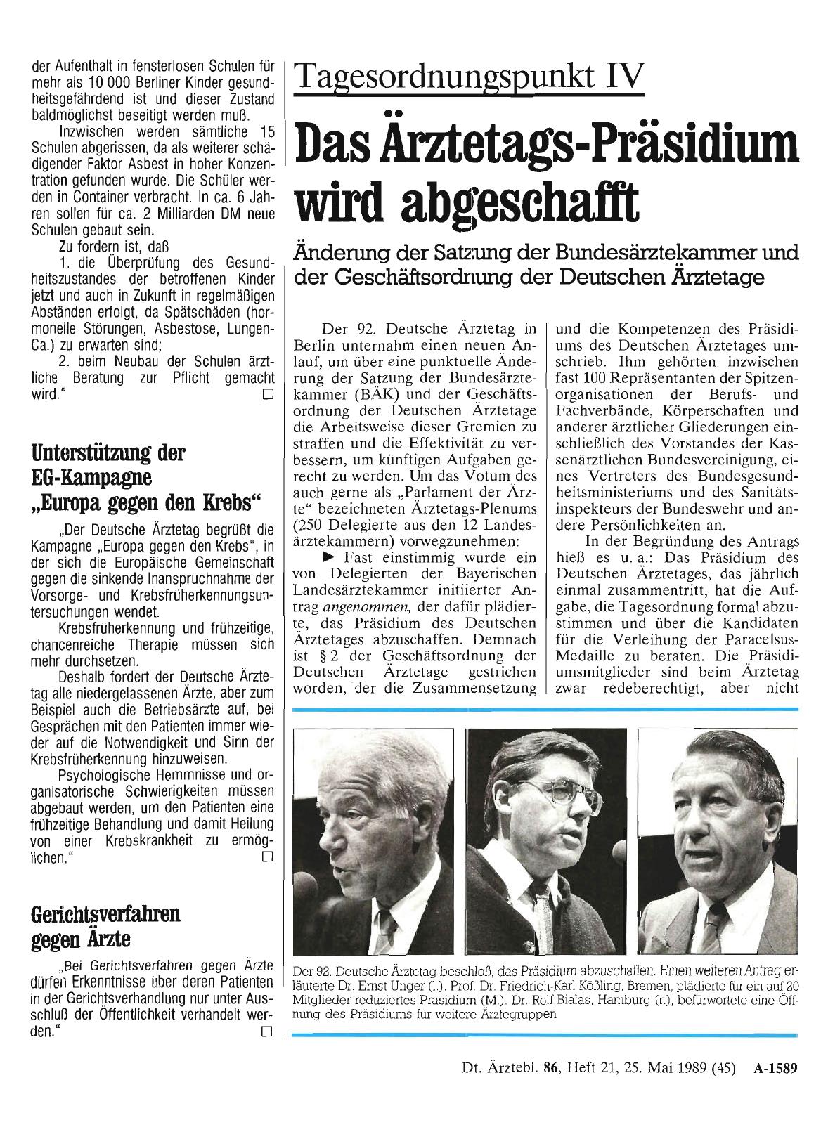 Vorschauseite 1: Tagesordnungspunkt IV: Das Ärztetags-Präsidium wird abgeschafft