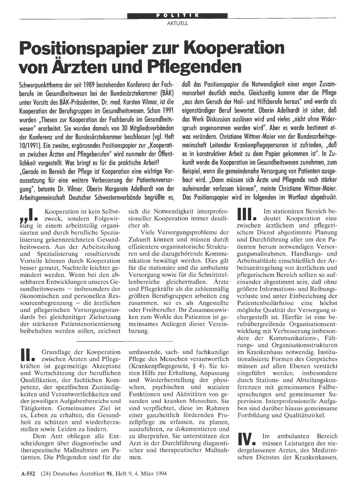 Vorschauseite 1: Positionspapier zur Kooperation von Ärzten und Pflegenden