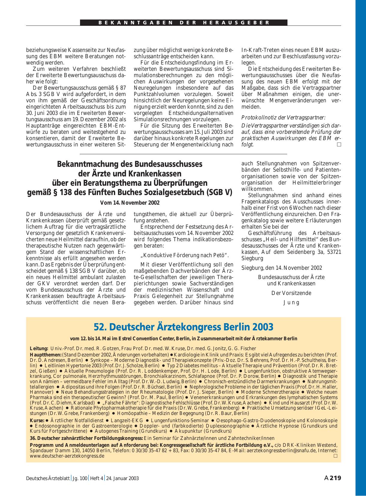 Vorschauseite 1: 52. Deutscher Ärztekongress Berlin 2003