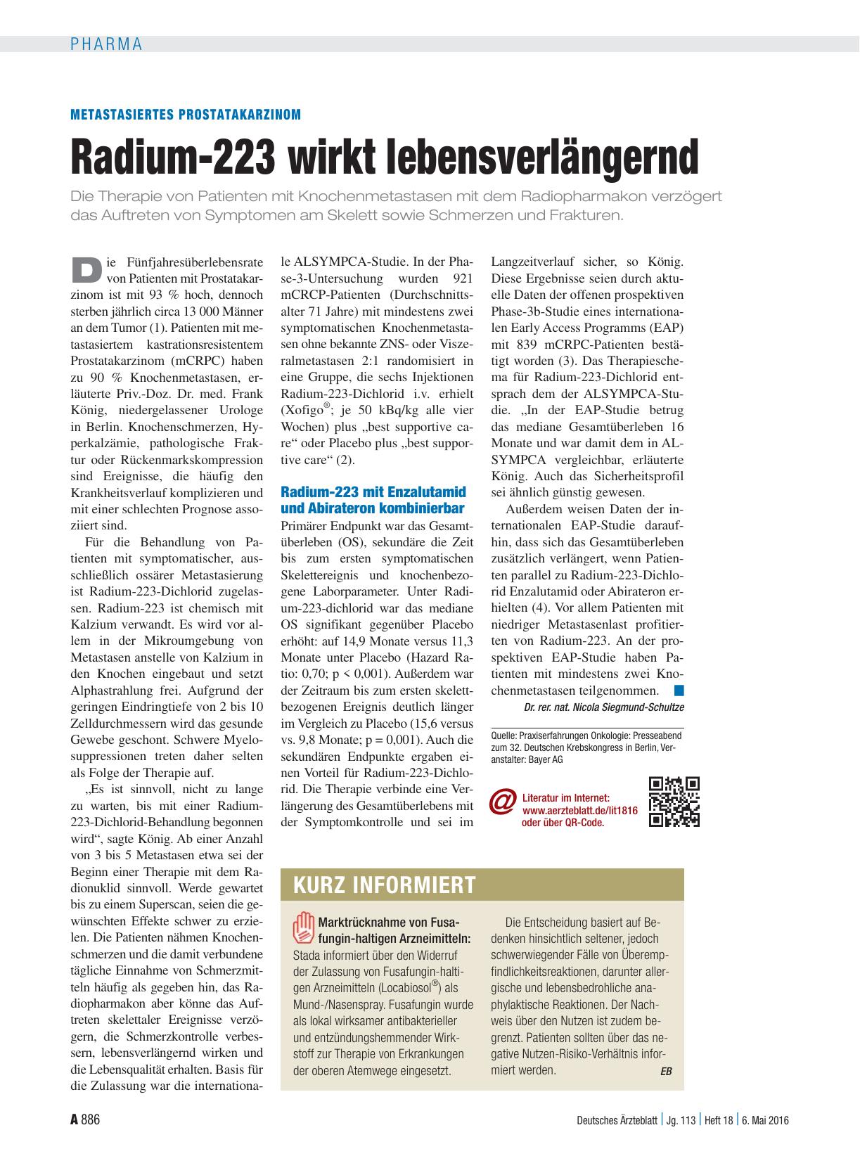 Vorschauseite 1: Metastasiertes Prostatakarzinom: Radium-223 wirkt lebensverlängernd