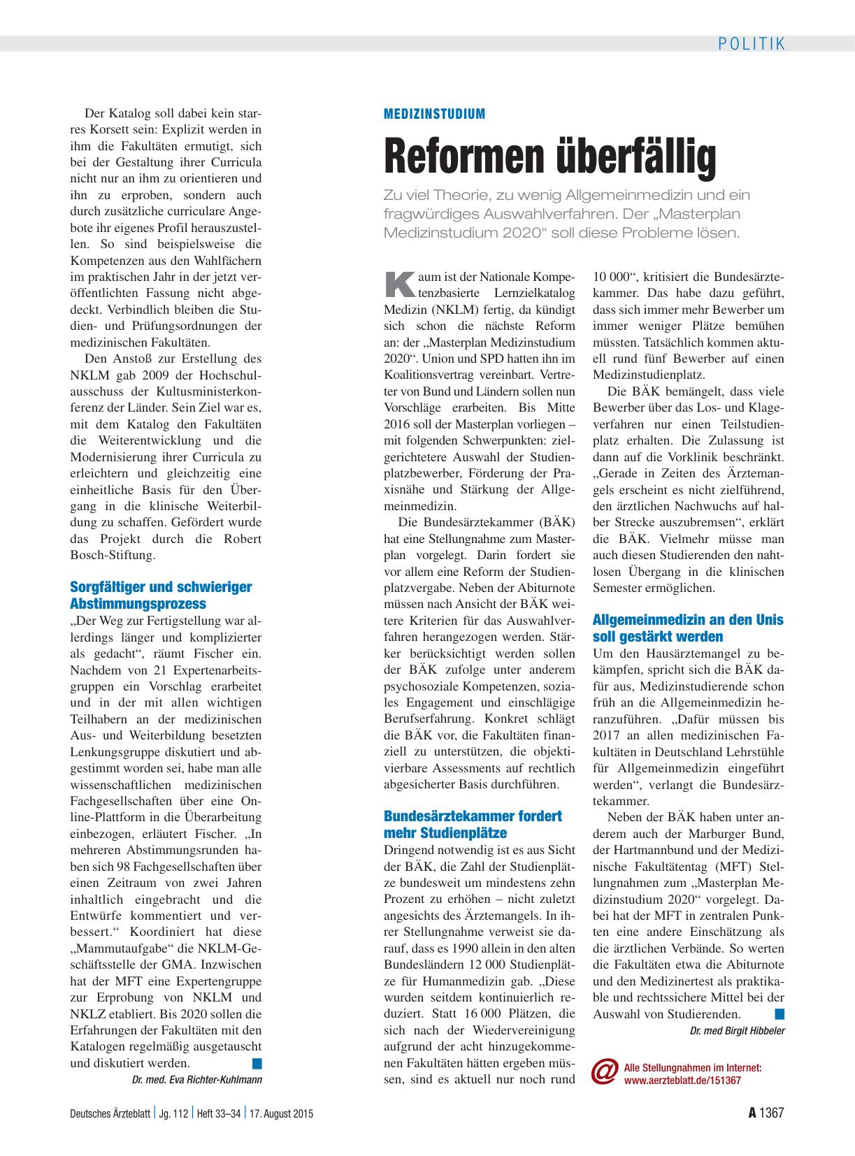 Vorschauseite 1: Medizinstudium: Reformen überfällig