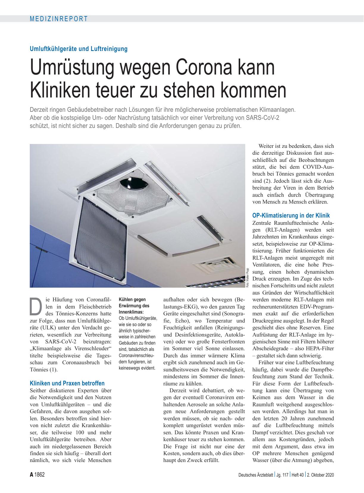 Vorschauseite 1: Umluftkühlgeräte und Luftreinigung: Umrüstung wegen Corona kann Kliniken teuer zu stehen kommen