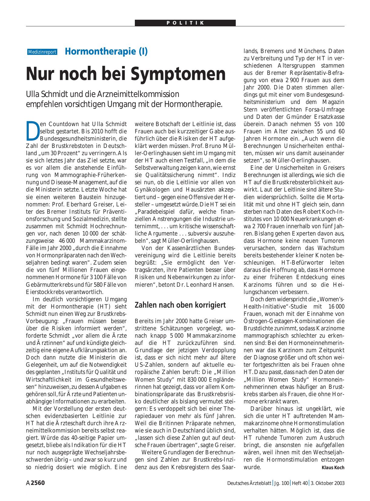 Vorschauseite 1: Hormontherapie (I): Nur noch bei Symptomen