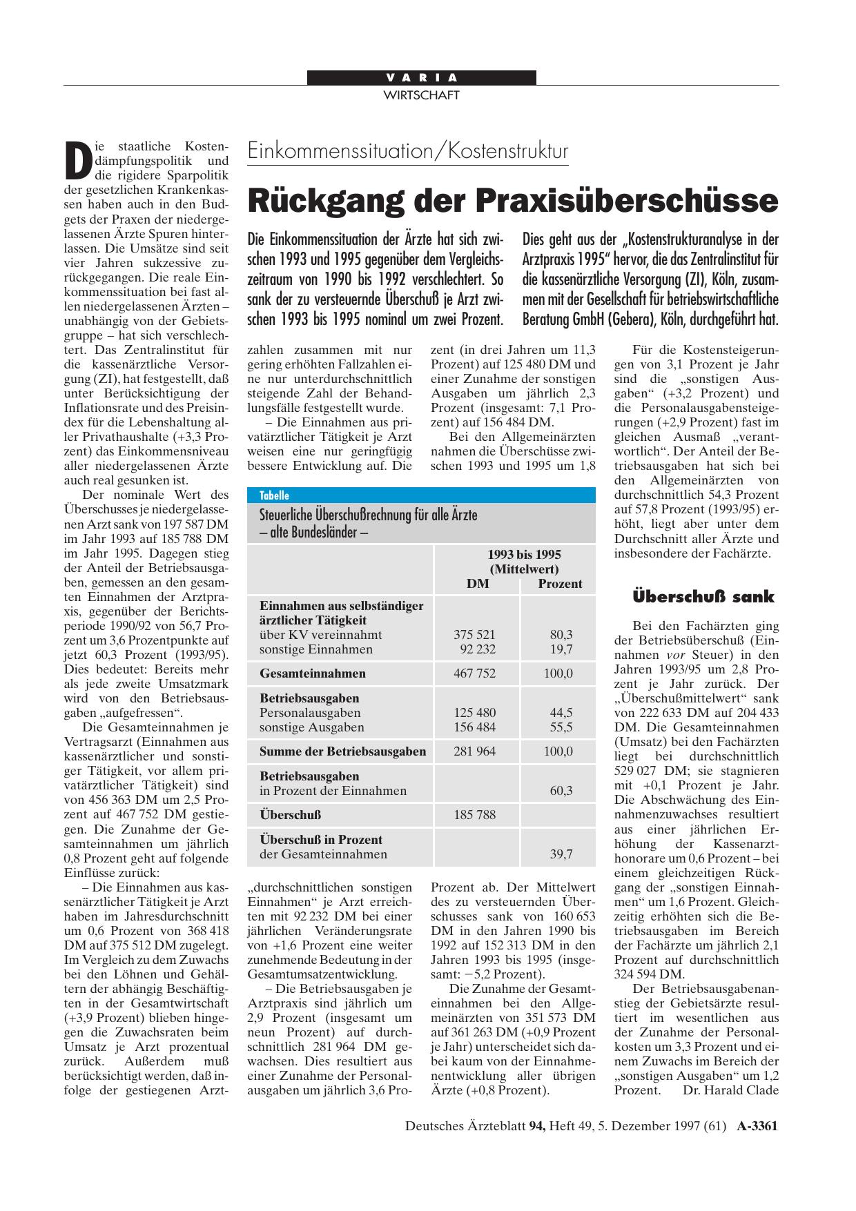 Vorschauseite 1: Einkommenssituation/Kostenstruktur: Rückgang der Praxisüberschüsse