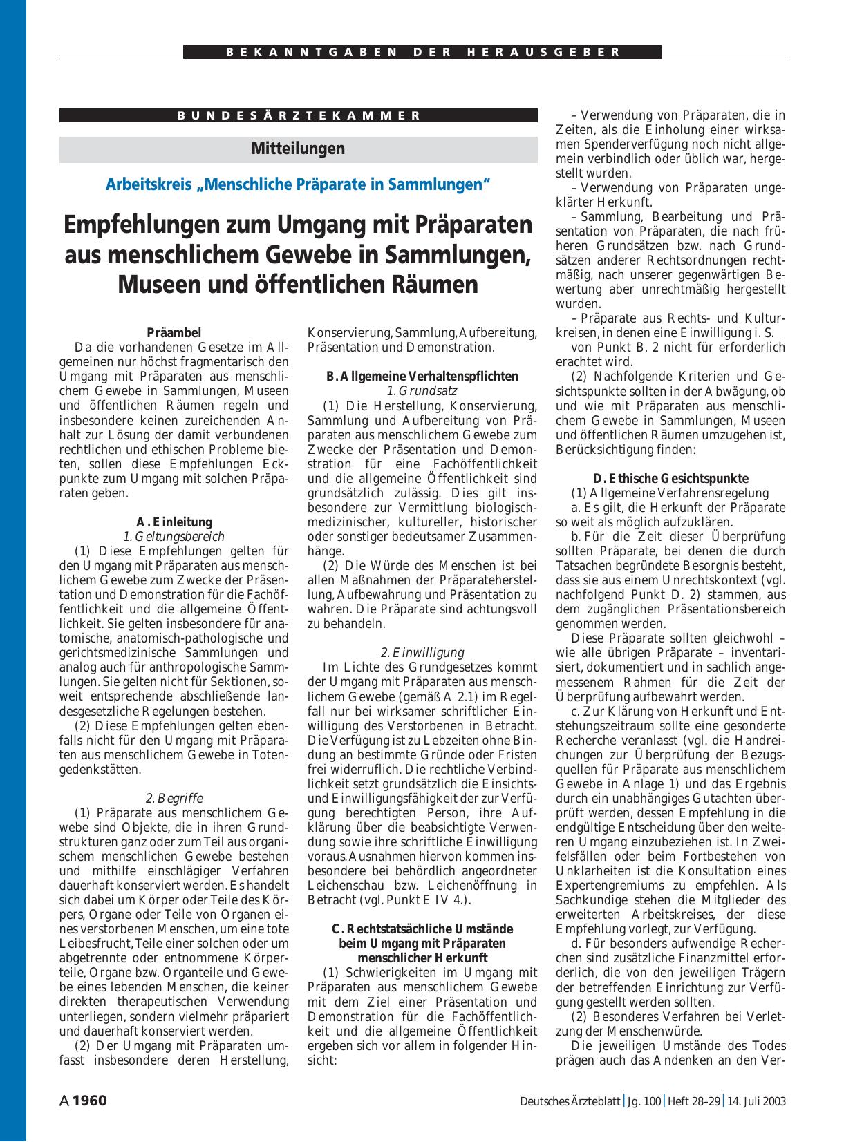 Vorschauseite 1: Mitteilungen: Empfehlungen zum Umgang mit Präparaten aus menschlichem Gewebe in Sammlungen, Museen und öffentlichen Räumen