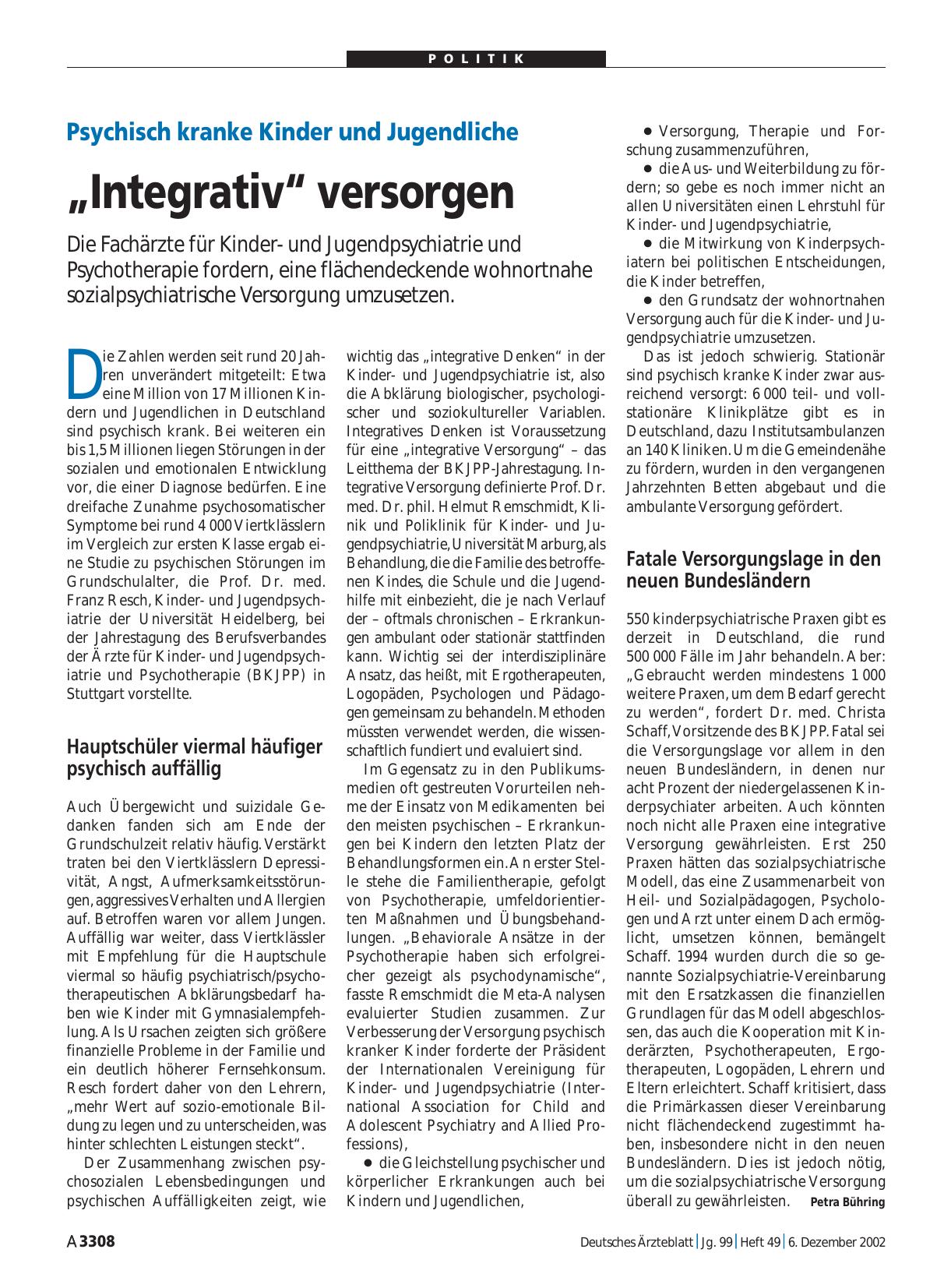 Vorschauseite 1: Psychisch kranke Kinder und Jugendliche: „Integrativ“ versorgen