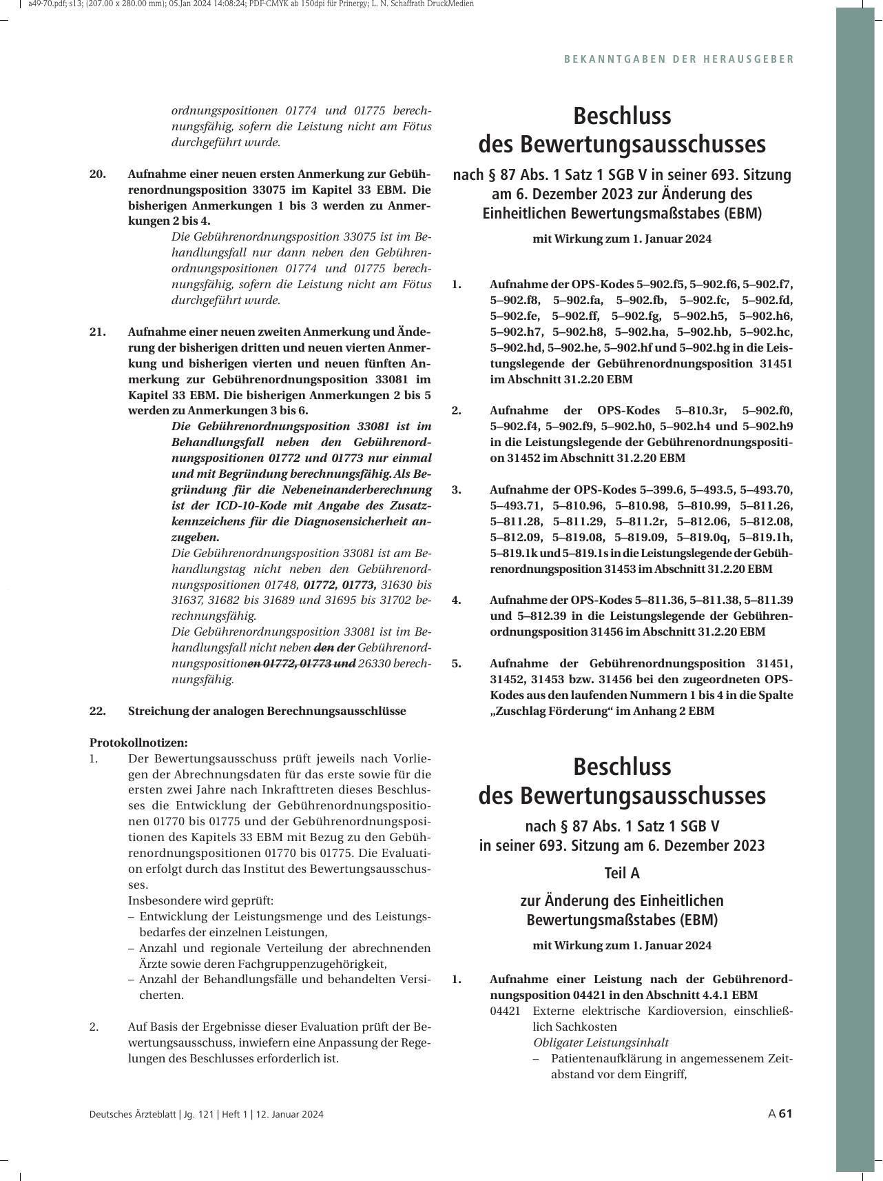 Vorschauseite 1: Beschluss des Bewertungsausschusses nach § 87 Abs. 1 Satz 1 SGB V in seiner 693. Sitzung am 6. Dezember 2023 zur Änderung des Einheitlichen Bewertungsmaßstabes (EBM) mit Wirkung z…