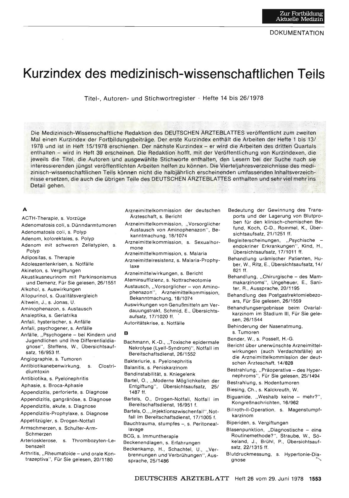 Vorschauseite 1: Kurzindex des medizinisch-wissenschaftlichen Teils: Titel-, Autorenund Stichwortregister — Hefte 14 bis 26/1978