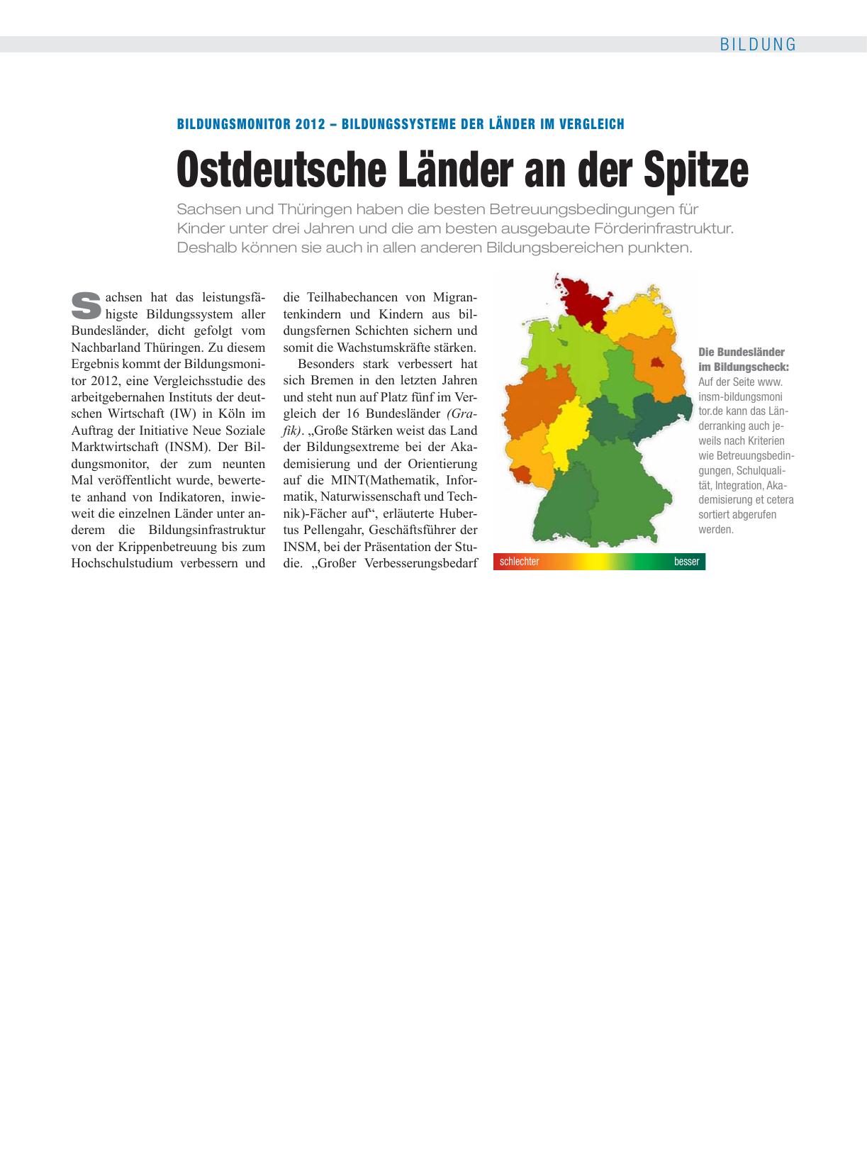 Vorschauseite 1: Bildungsmonitor 2012 – Bildungssysteme der Länder im Vergleich: Ostdeutsche Länder an der Spitze