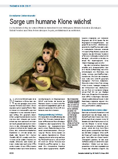 Vorschauseite 1: Somatischer Zellkerntransfer: Sorge um humane Klone wächst