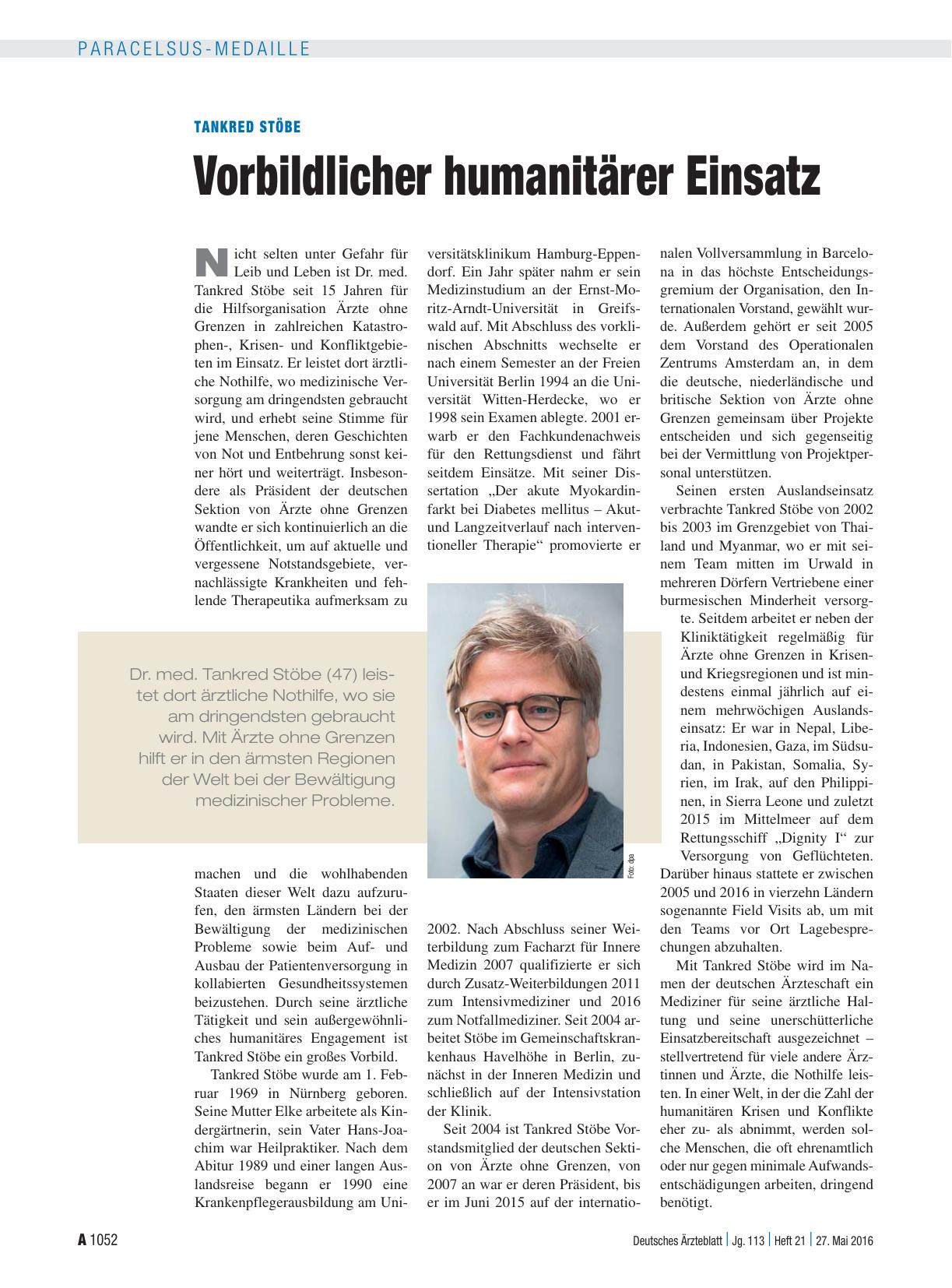 Vorschauseite 1: Tankred Stöbe: Vorbildlicher humanitärer Einsatz