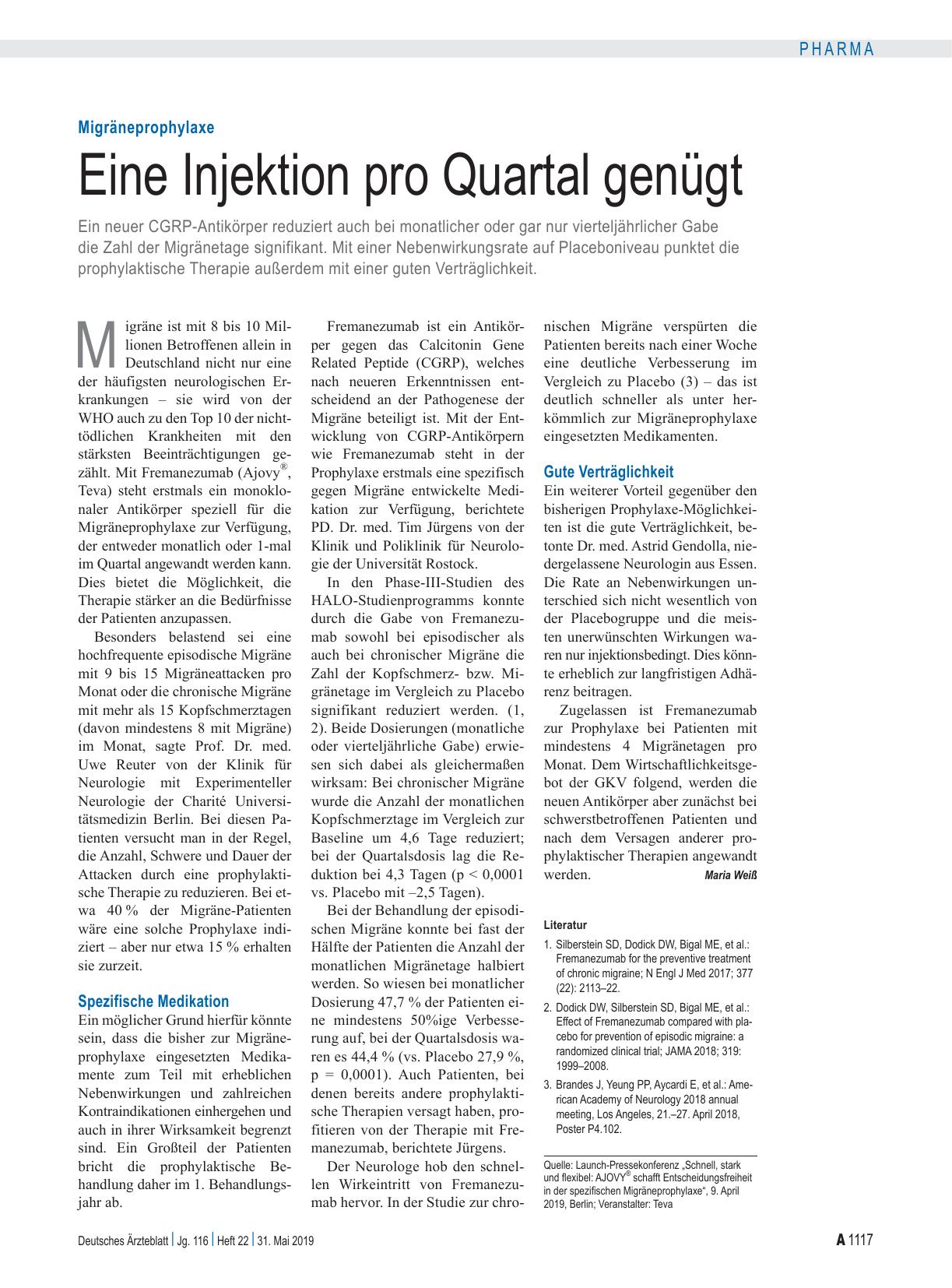 Vorschauseite 1: Migräneprophylaxe: Eine Injektion pro Quartal genügt