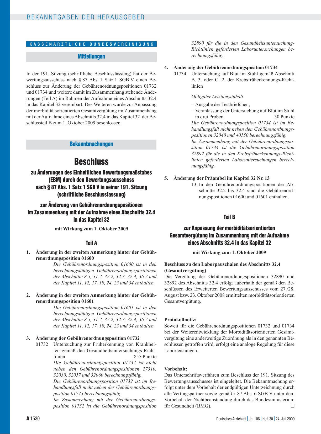 Vorschauseite 1: Bekanntmachungen: Beschluss zu Änderungen des Einheitlichen Bewertungsmaßstabes (EBM) durch den Bewertungsausschuss nach § 87 Abs. 1 Satz 1 SGB V in seiner 191. Sitzung (schriftli…
