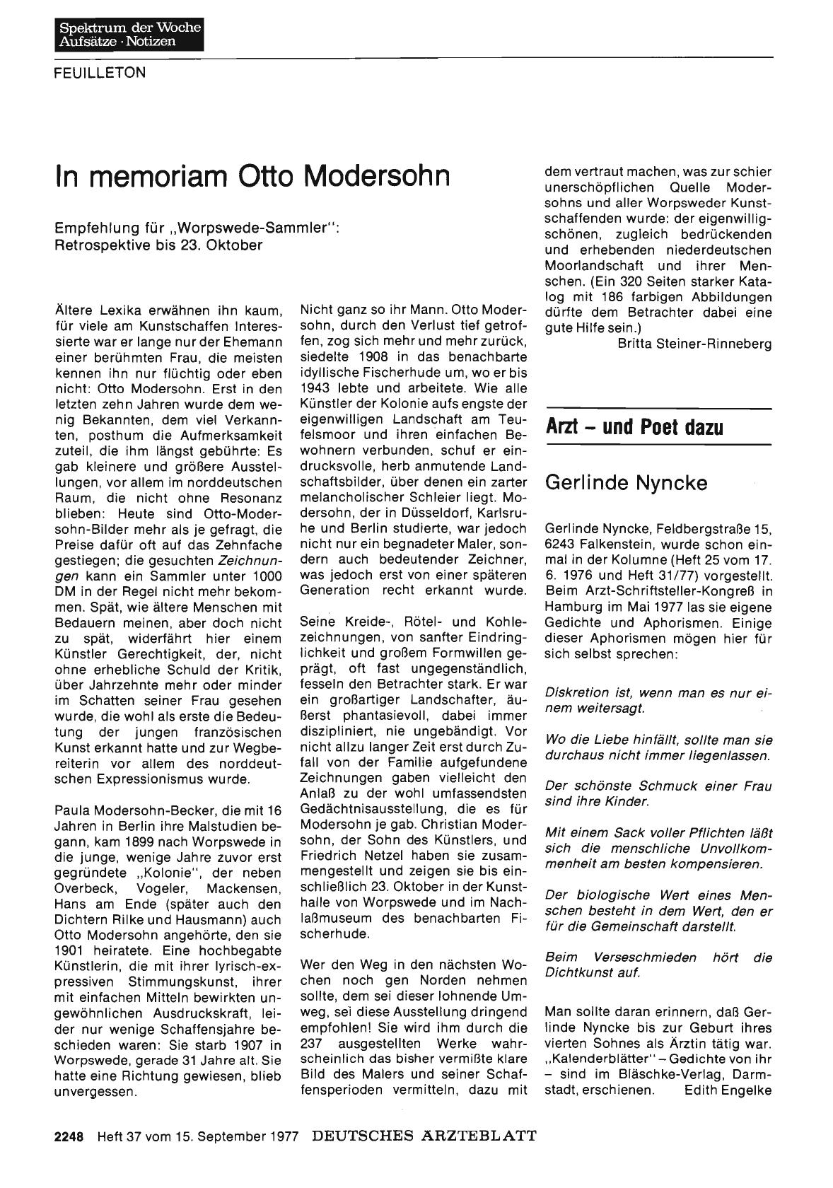 Vorschauseite 1: In memoriam Otto Modersohn - Empfehlung für „Worpswede-Sammler“: Retrospektive bis 23. Oktober