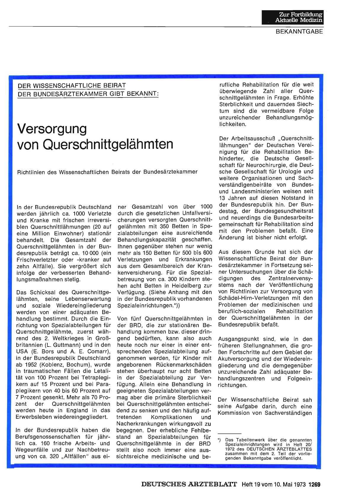 Vorschauseite 1: Der Wissenschaftliche Beirat der Bundesärztekammer gibt bekannt: Versorgung von Querschnittgelähmten