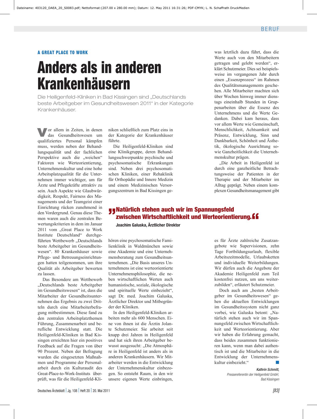 Vorschauseite 1: A Great Place to work: Anders als in anderen Krankenhäusern