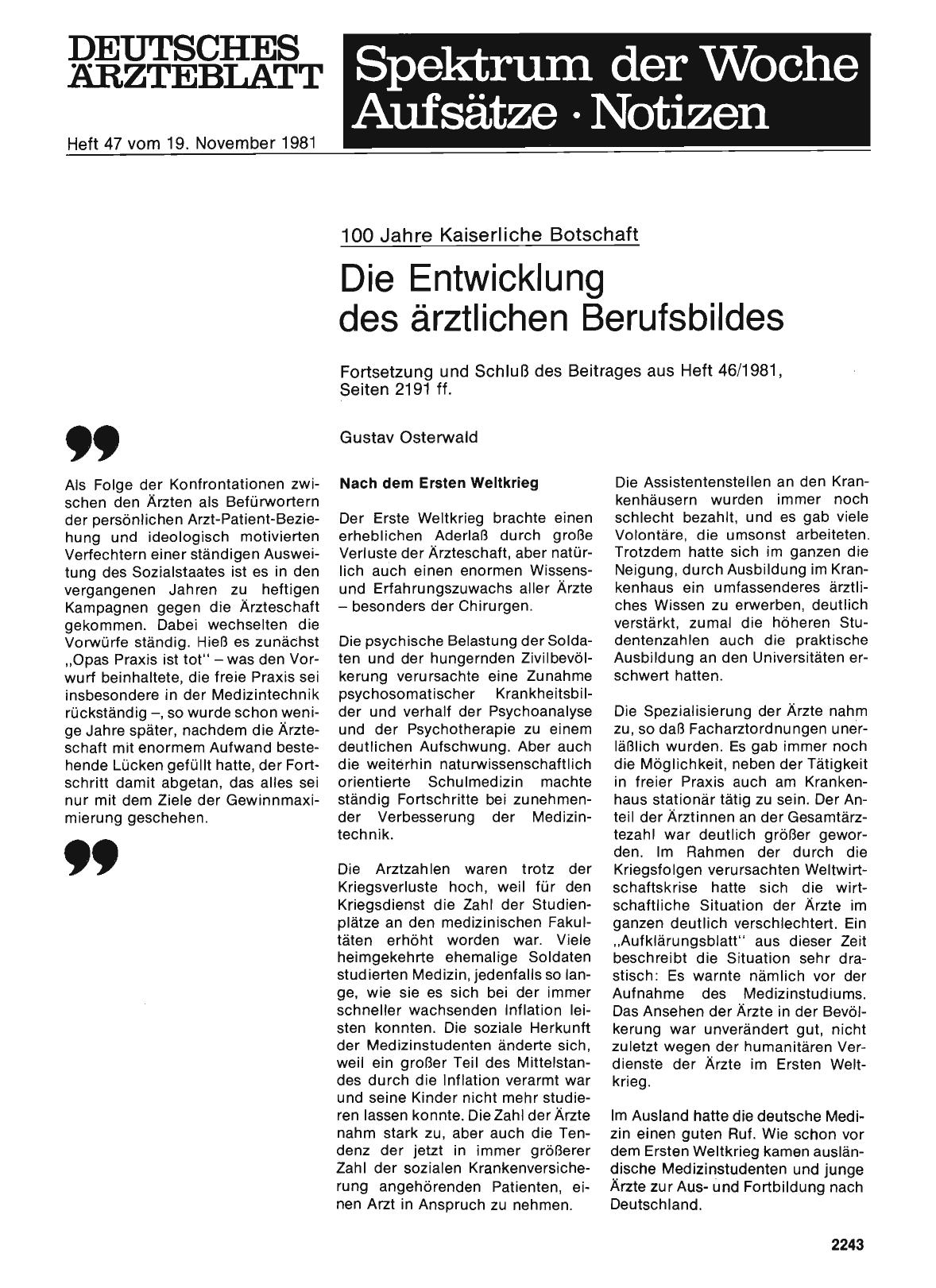 Vorschauseite 1: 100 Jahre Kaiserliche Botschaft: Die Entwicklung des ärztlichen Berufsbildes