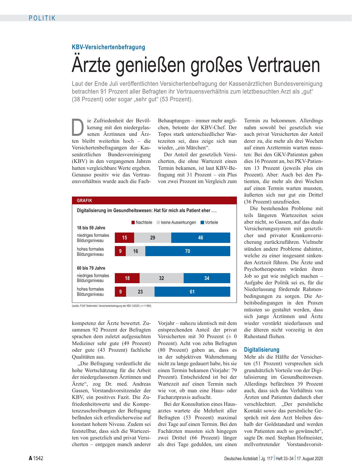 Vorschauseite 1: KBV-Versichertenbefragung: Ärzte genießen großes Vertrauen
