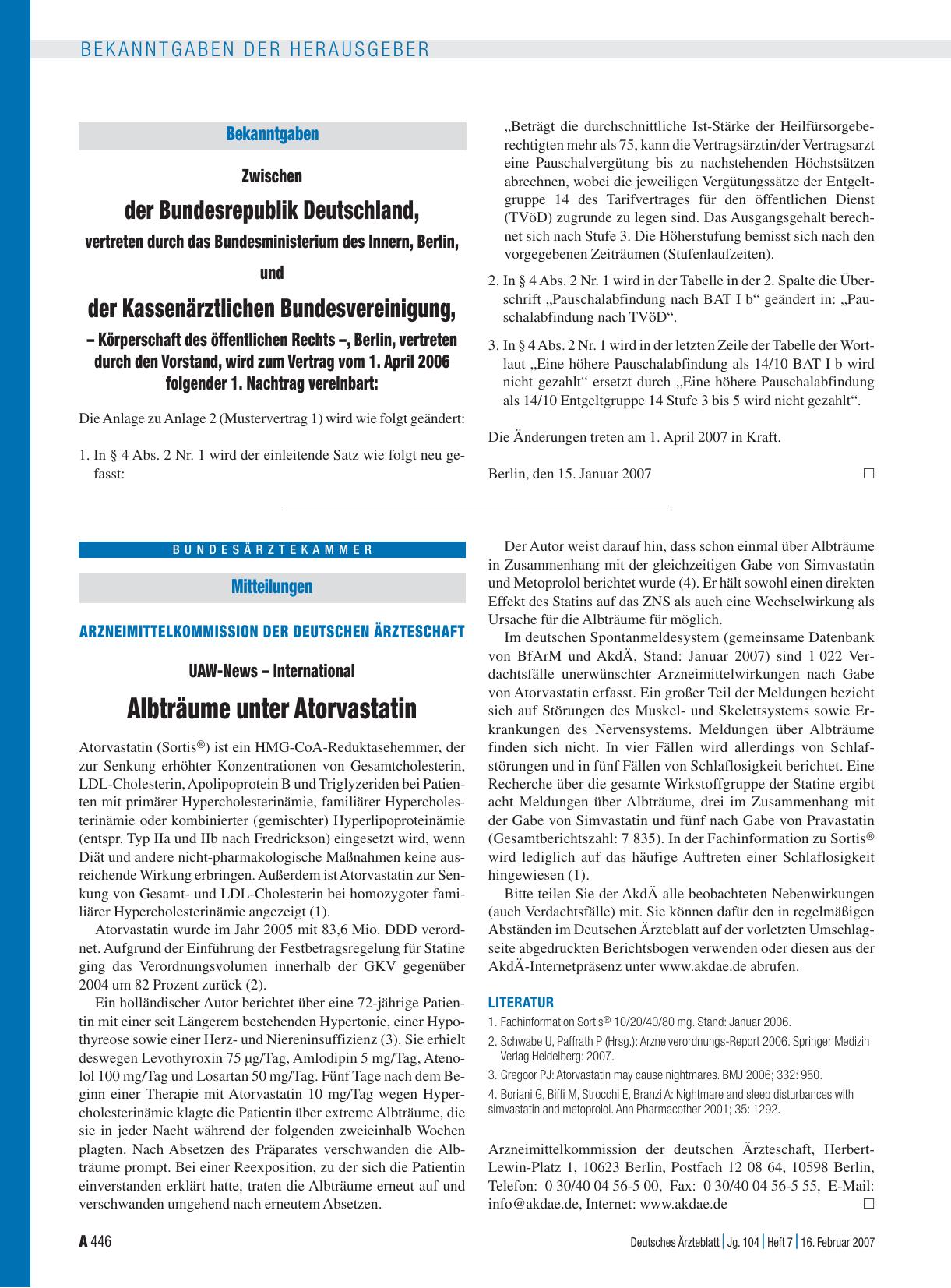 Vorschauseite 1: Bekanntgaben: Zwischen der Bundesrepublik Deutschland, vertreten durch das Bundesministerium des Innern, Berlin, und der Kassenärztlichen Bundesvereinigung, – Körperschaft des öff…