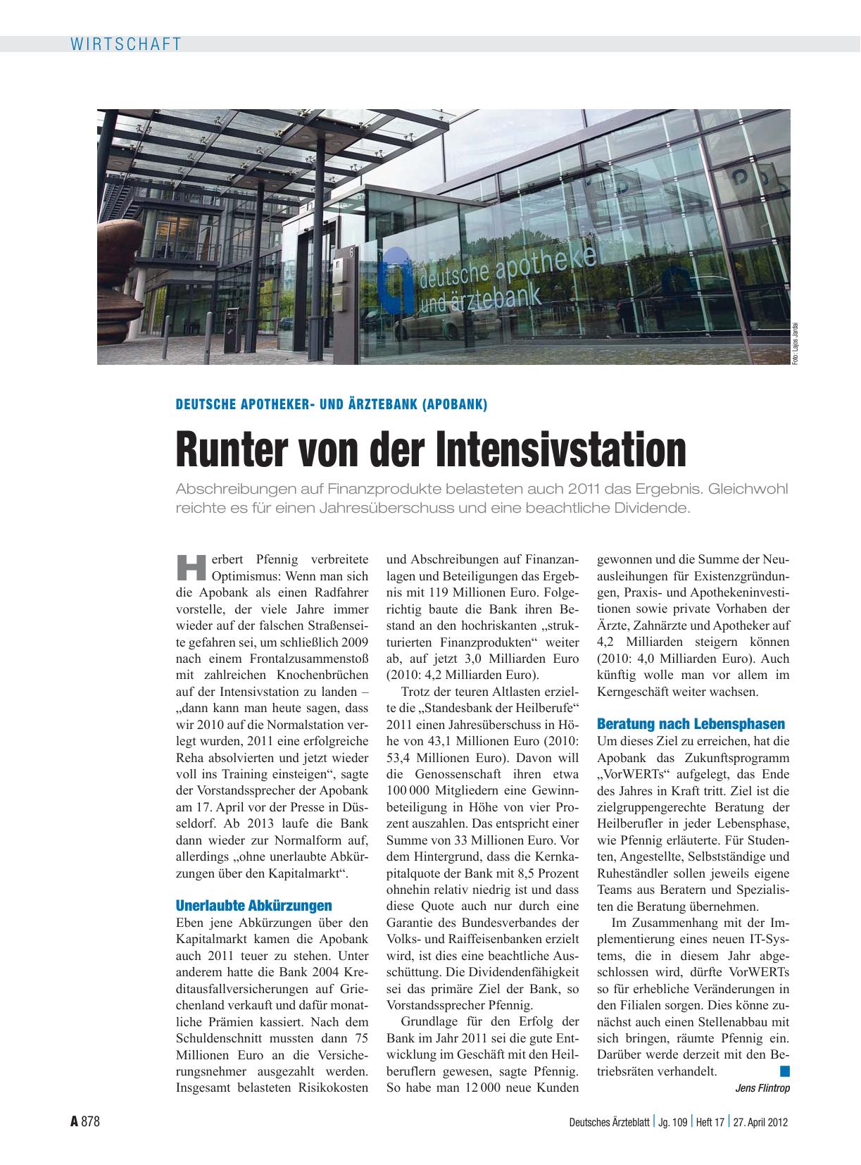 Vorschauseite 1: Deutsche Apothekerund Ärztebank (Apobank): Runter von der Intensivstation