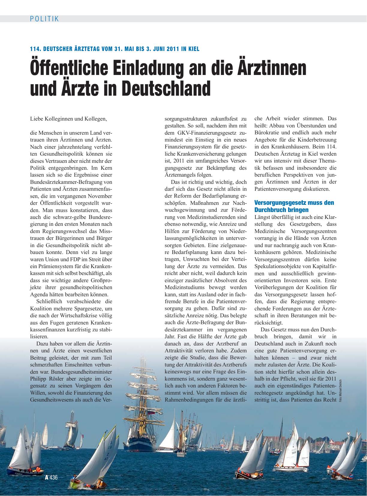 Vorschauseite 1: 114. Deutscher Ärztetag vom 31. Mai BIS 3. Juni 2011 in Kiel: Öffentliche Einladung an die Ärztinnen und Ärzte in Deutschland
