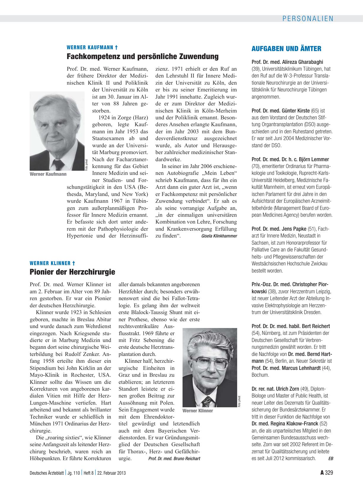Vorschauseite 1: Werner Klinner †: Pionier der Herzchirurgie