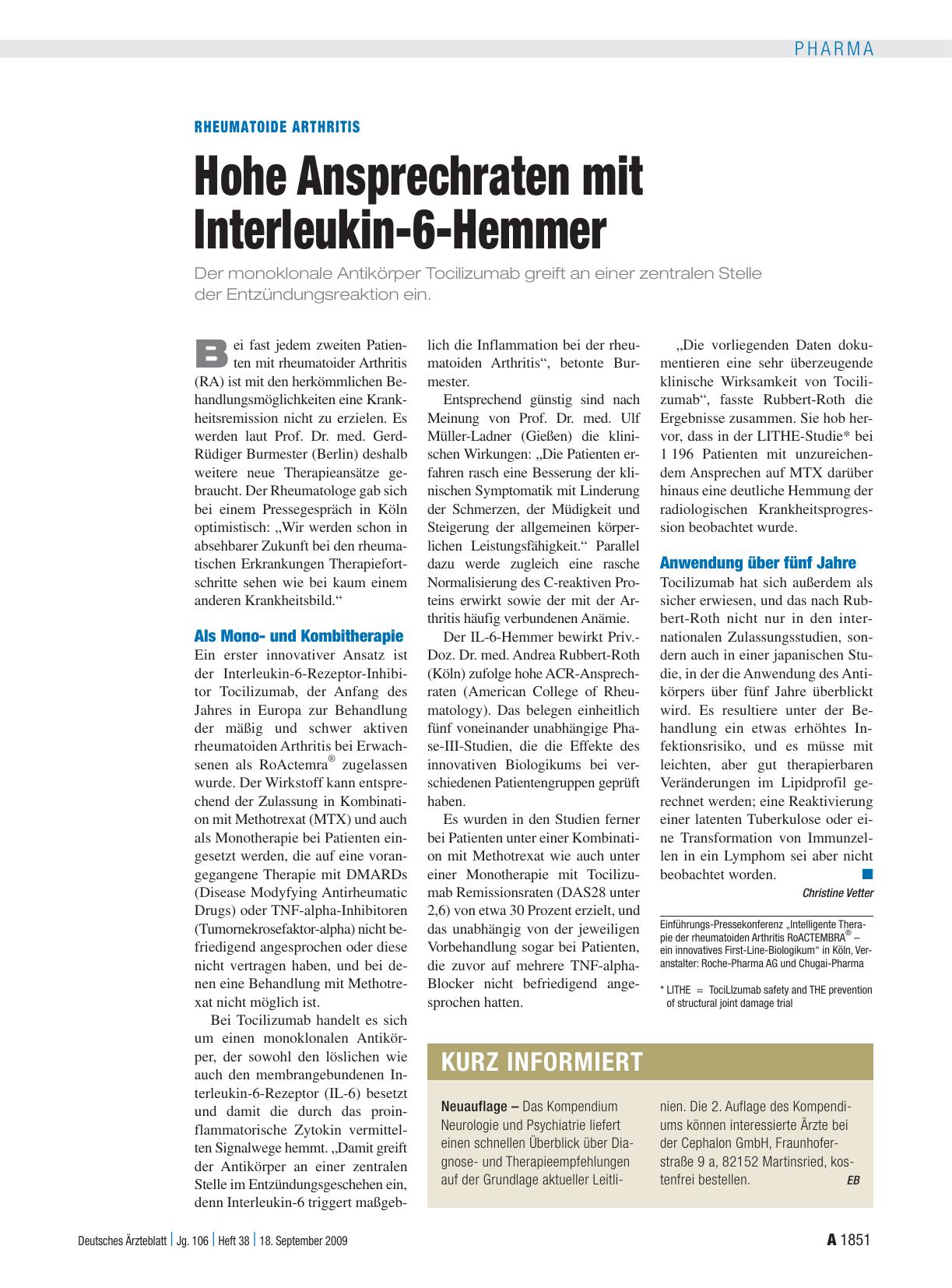 Vorschauseite 1: Rheumatoide Arthritis: Hohe Ansprechraten mit Interleukin-6-Hemmer