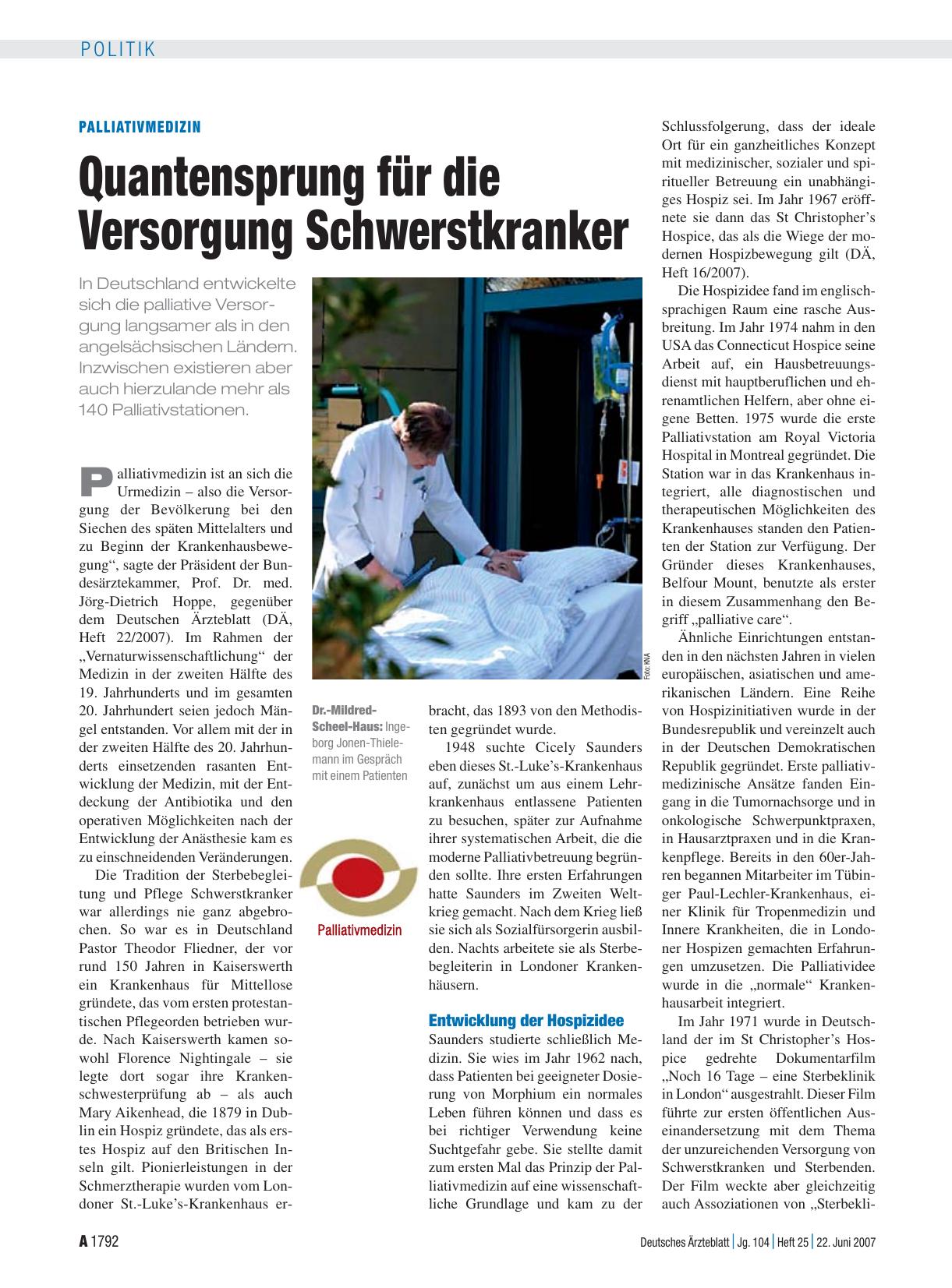 Vorschauseite 1: Palliativmedizin: Quantensprung für die Versorgung Schwerstkranker