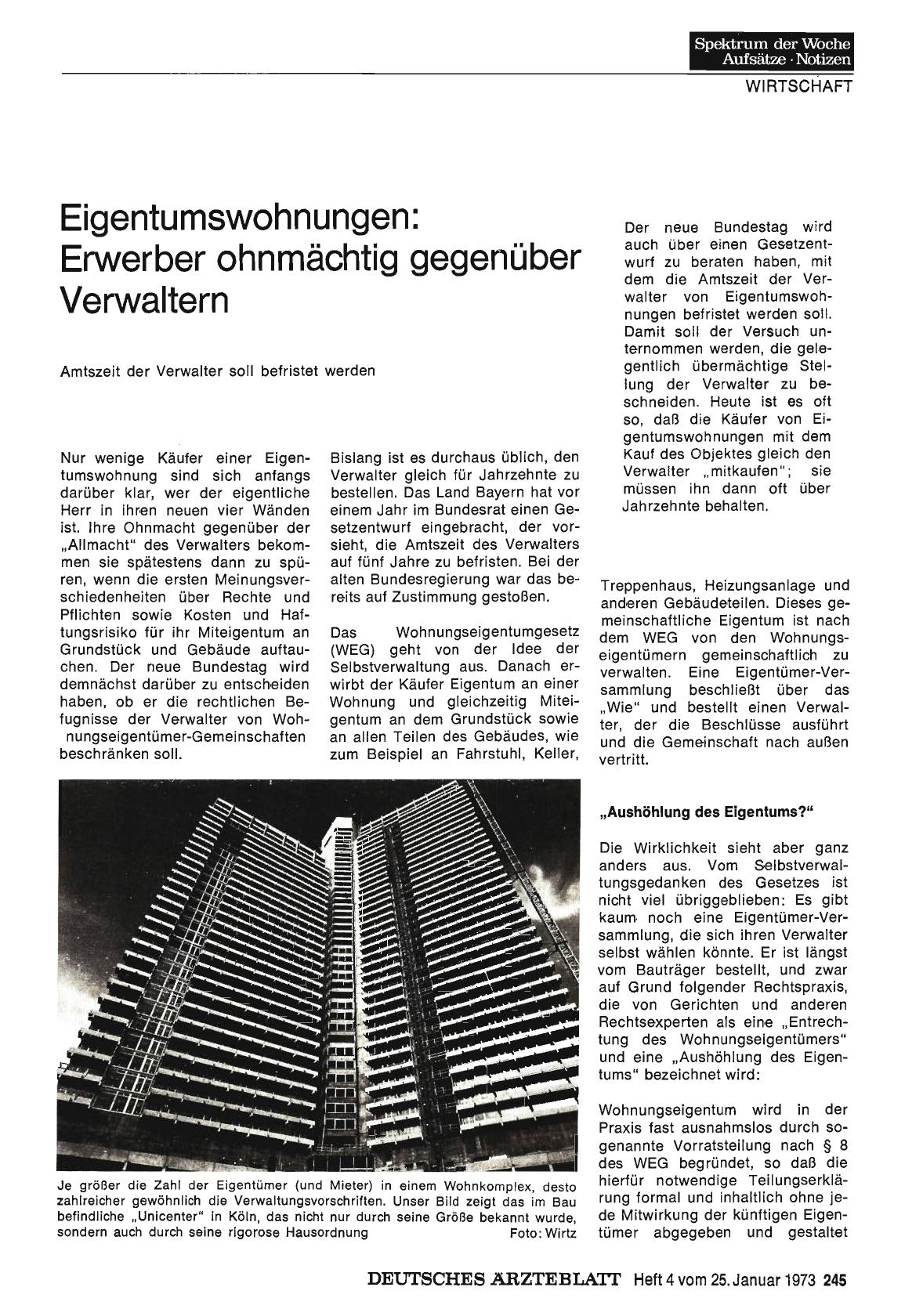 Vorschauseite 1: Eigentumswohnungen: Erwerber ohnmächtig gegenüber Verwaltern. Amtszeit der Verwalter soll befristet werden