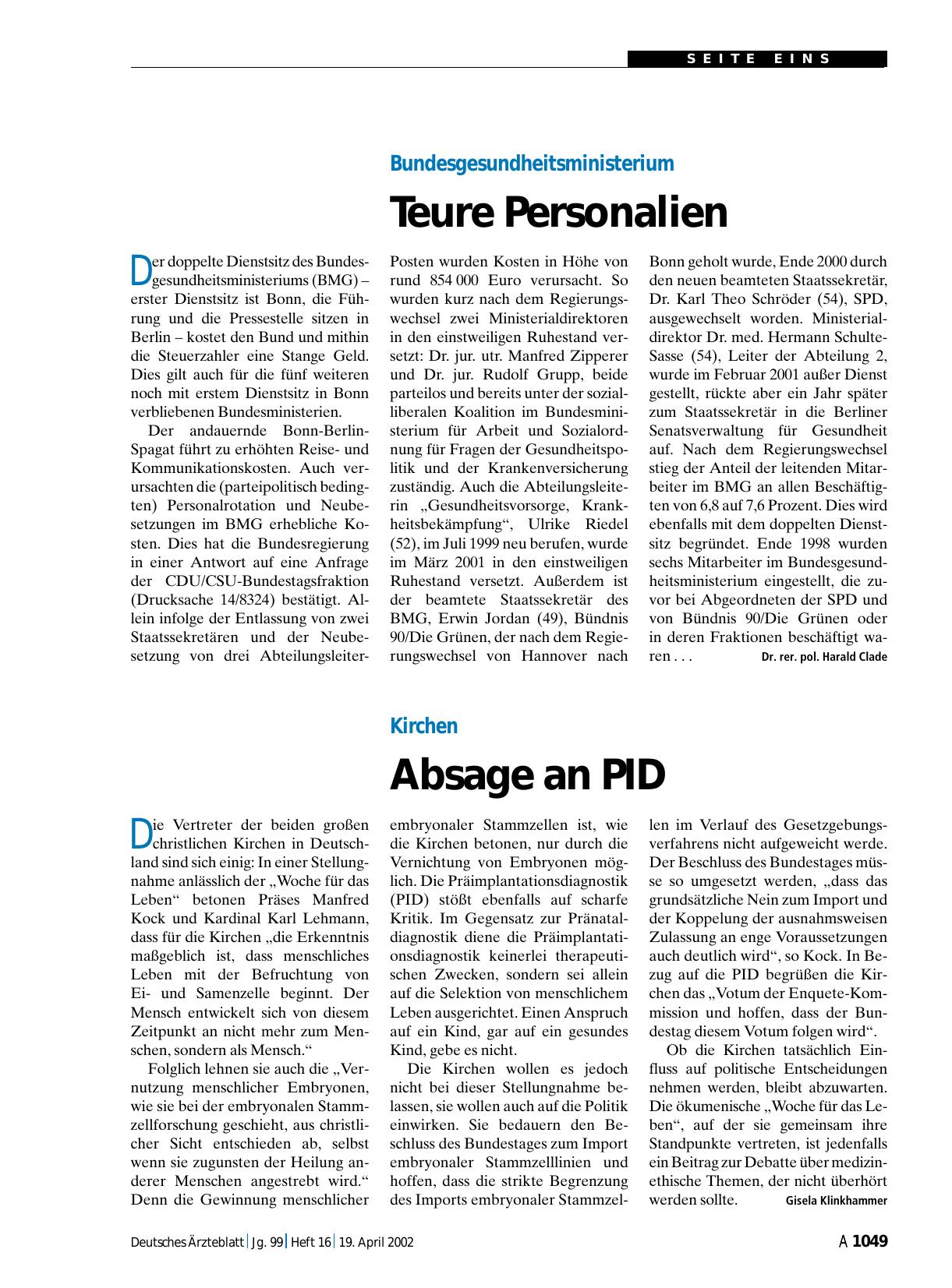 Vorschauseite 1: Bundesgesundheitsministerium: Teure Personalien