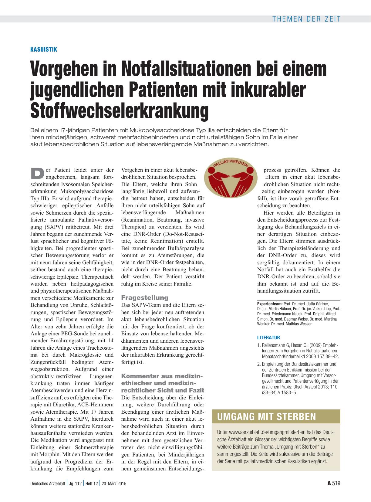 Vorschauseite 1: Kasuistik: Vorgehen in Notfallsituationen bei einem jugendlichen Patienten mit inkurabler Stoffwechselerkrankung