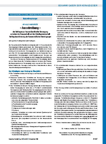 Vorschauseite 1: An alle Hausärzte – Ausschreibung – des Vertrages zur hausarztzentrierten Versorgung zwischen der Knappschaft und der Arbeitsgemeinschaft Vertragskoordinierung der Kassenärztliche…