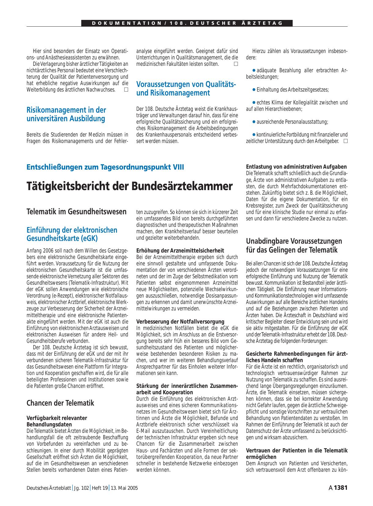 Vorschauseite 1: Entschließungen zum Tagesordnungspunkt VIII: Tätigkeitsbericht der Bundesärztekammer