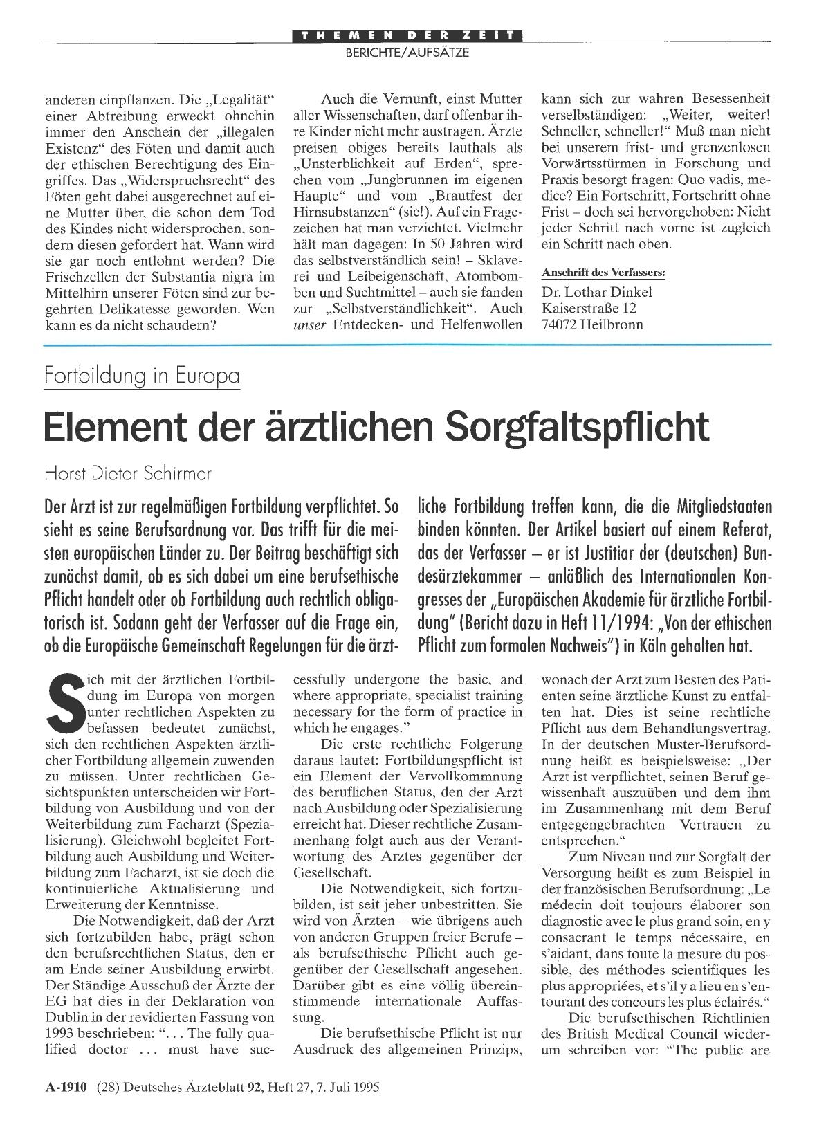 Vorschauseite 1: Fortbildung in Europa: Element der ärztlichen Sorgfaltspflicht