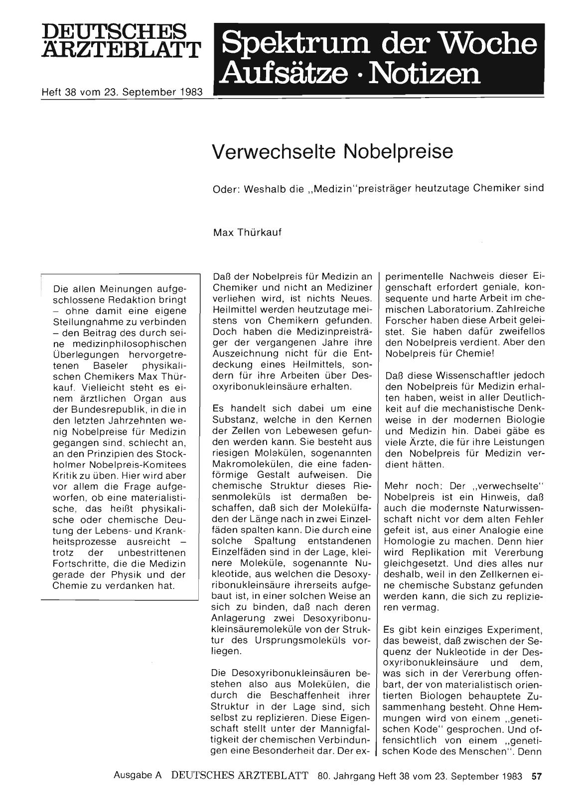 Vorschauseite 1: Verwechselte Nobelpreise - Oder: Weshalb die „Medizin“preisträger heutzutage Chemiker sind