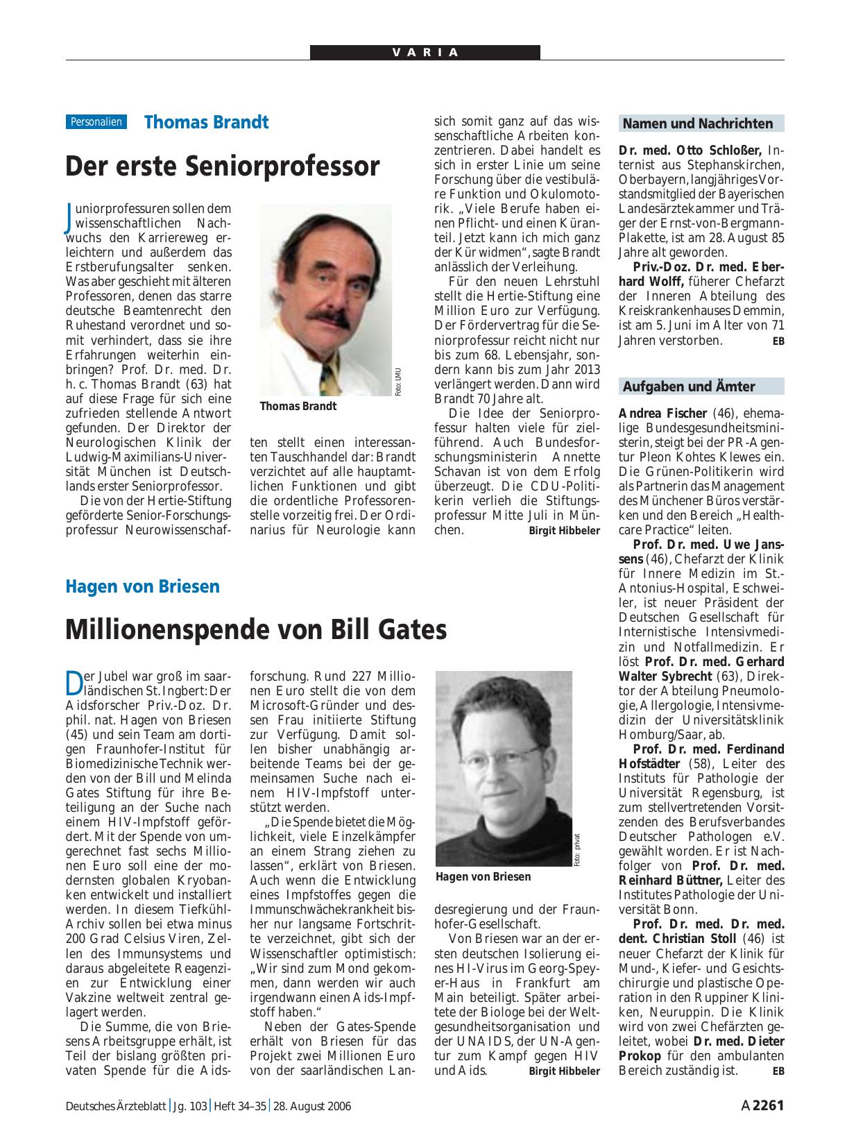 Vorschauseite 1: Thomas Brandt: Der erste Seniorprofessor