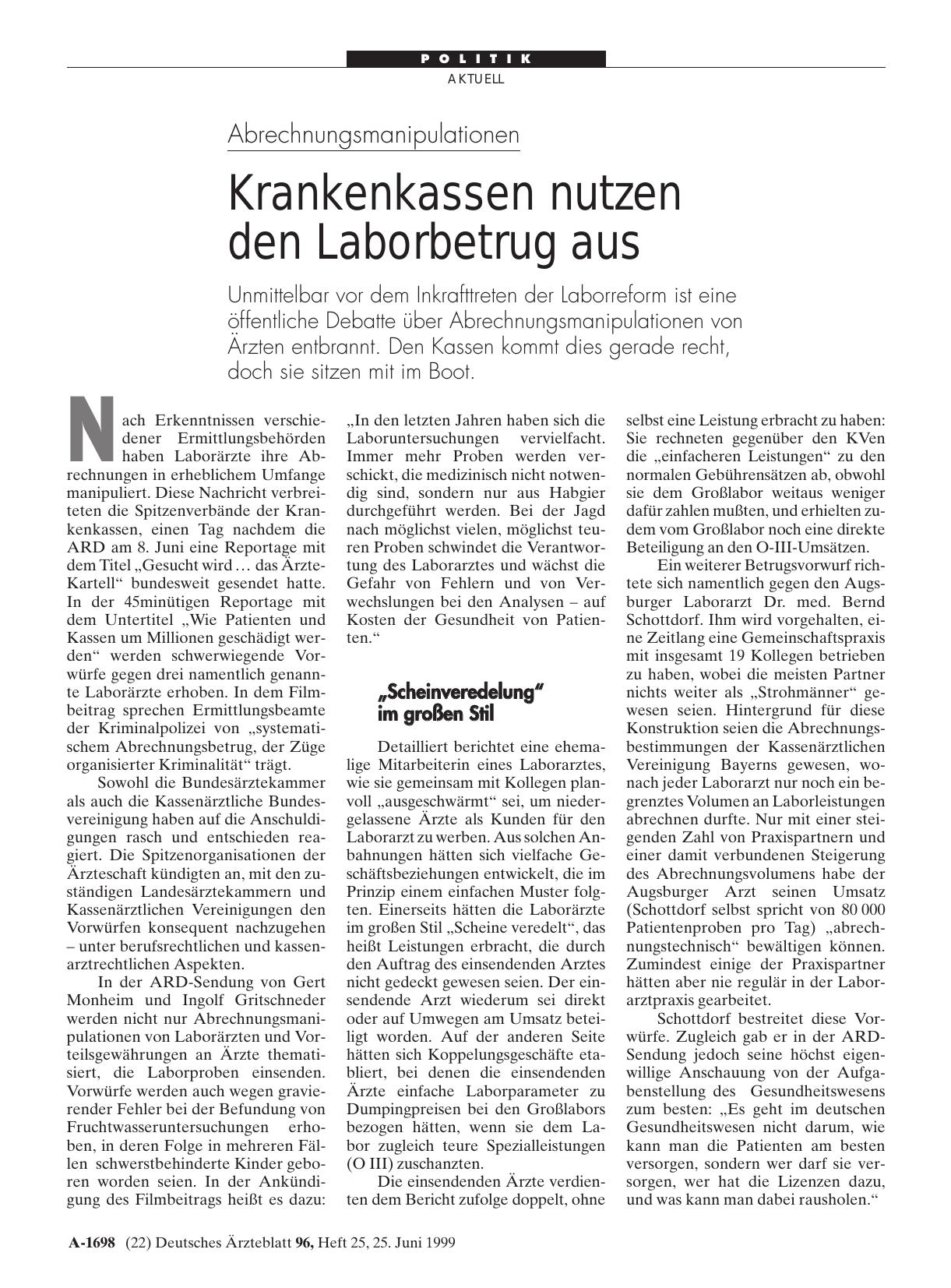 Vorschauseite 1: Abrechnungsmanipulationen: Krankenkassen nutzen den Laborbetrug aus