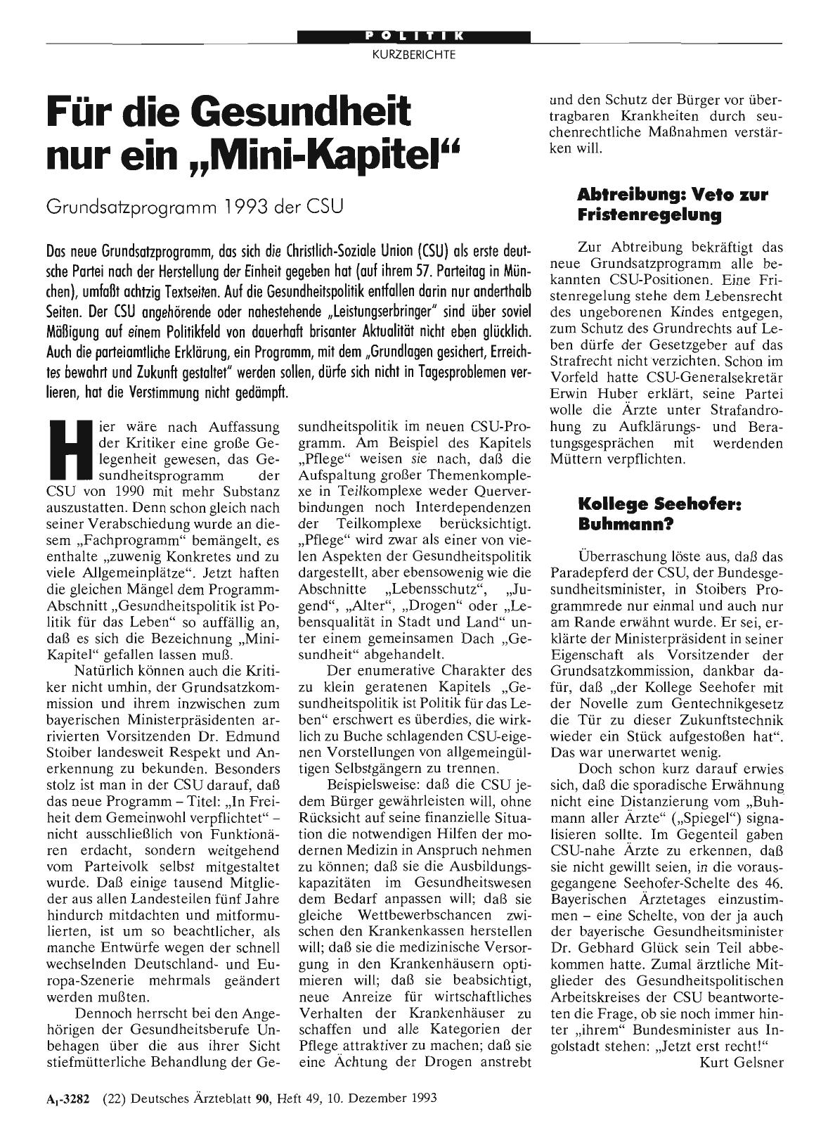 Vorschauseite 1: Für die Gesundheit nur ein „Mini-Kapitel“: Grundsatzprogramm 1993 der CSU