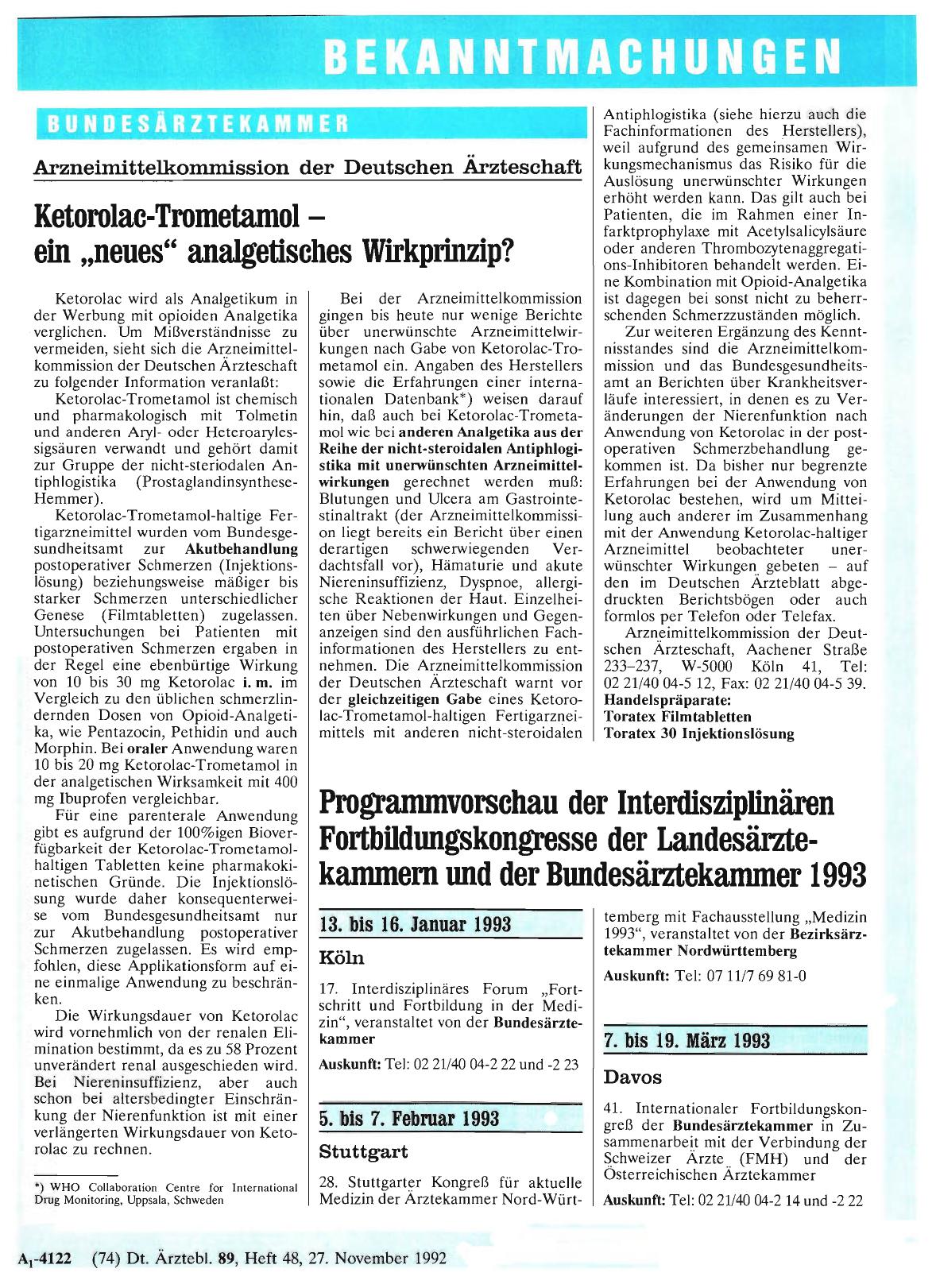 Vorschauseite 1: Programmvorschau der Interdisziplinären Fortbildungskongresse der Landesärztekammern und der Bundesärztekanuner 1993
