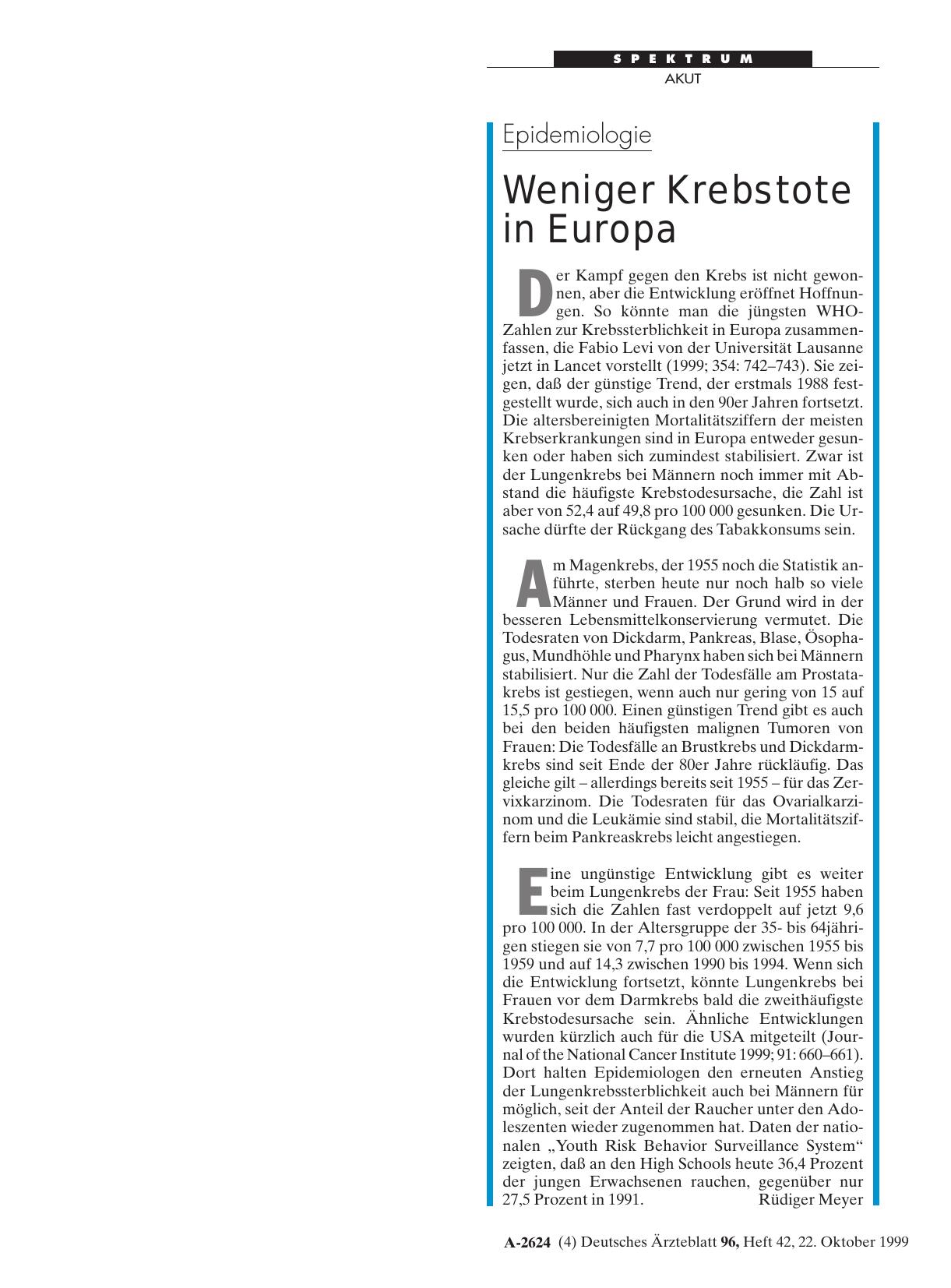 Vorschauseite 1: Epidemiologie: Weniger Krebstote in Europa