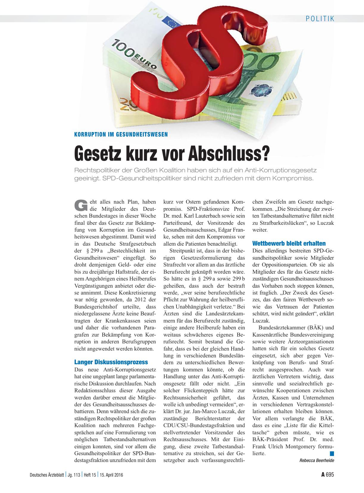 Vorschauseite 1: Korruption im Gesundheitswesen: Gesetz kurz vor Abschluss?